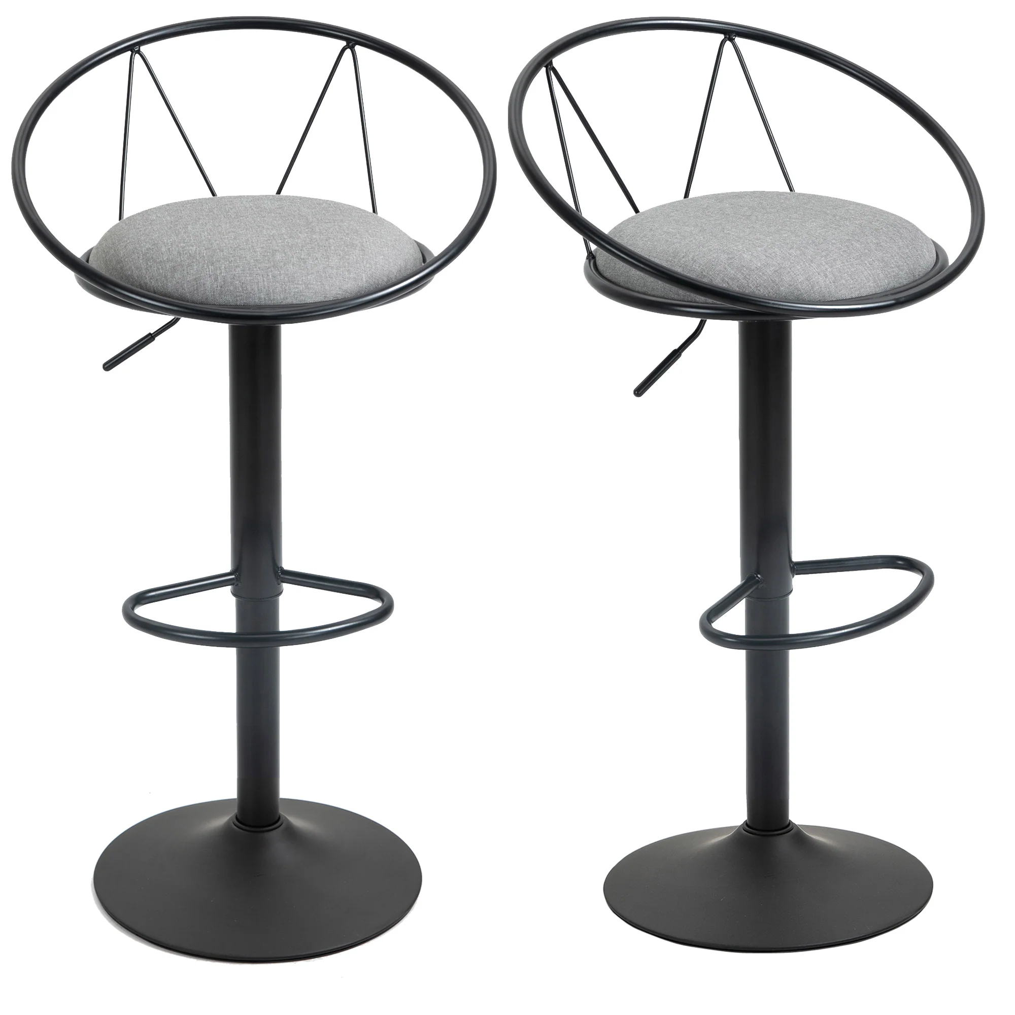 Lot de 2 tabourets de Bar Design néo-rétro réglable pivotant avec Repose-Pied métal Noir Lin Gris