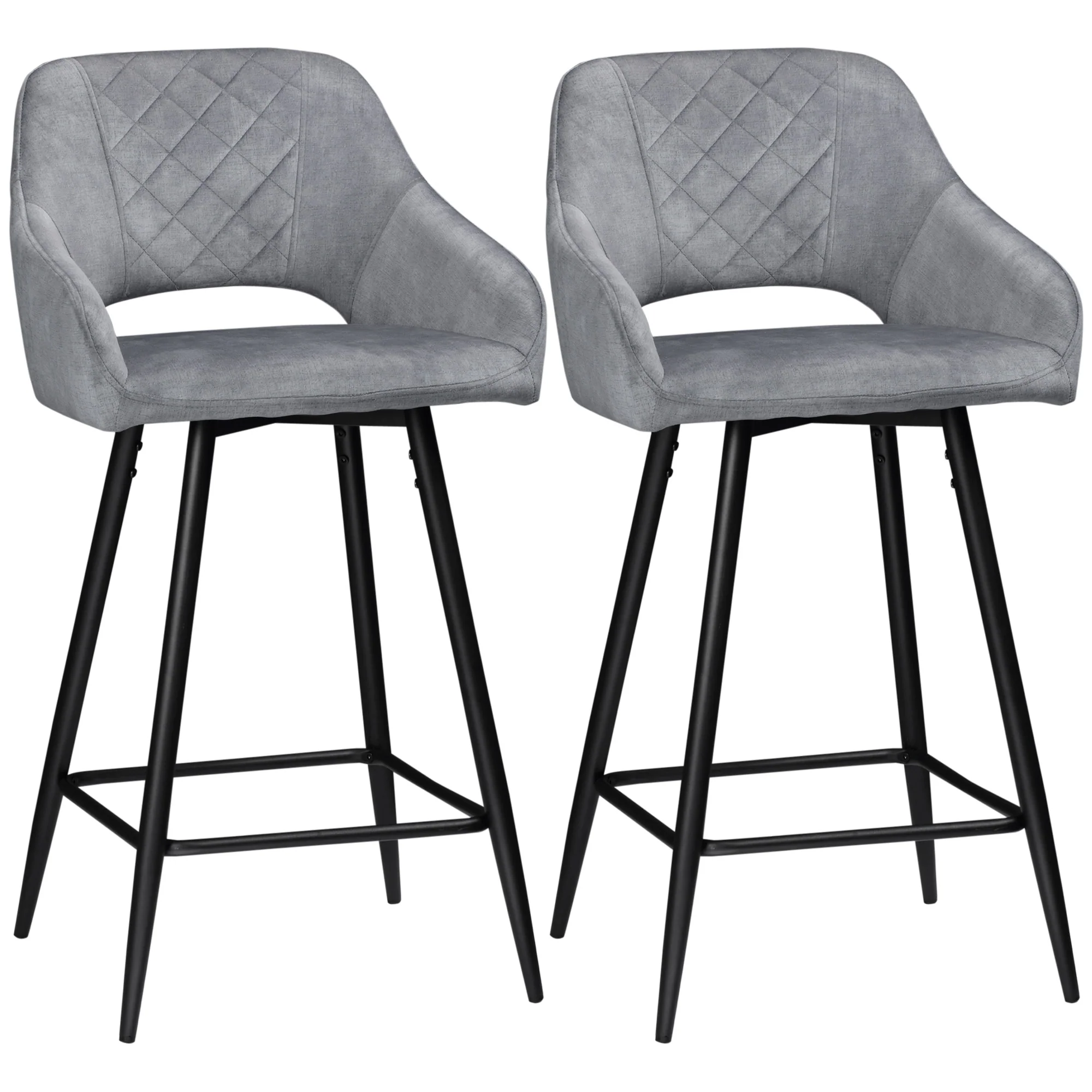 Lot de 2 Tabourets de Bar en Velours Chaises bar Hautes pieds en Métal Noir avec Repose-Pieds, accoudoirs Hauteur 67 cm - Gris - Image 2