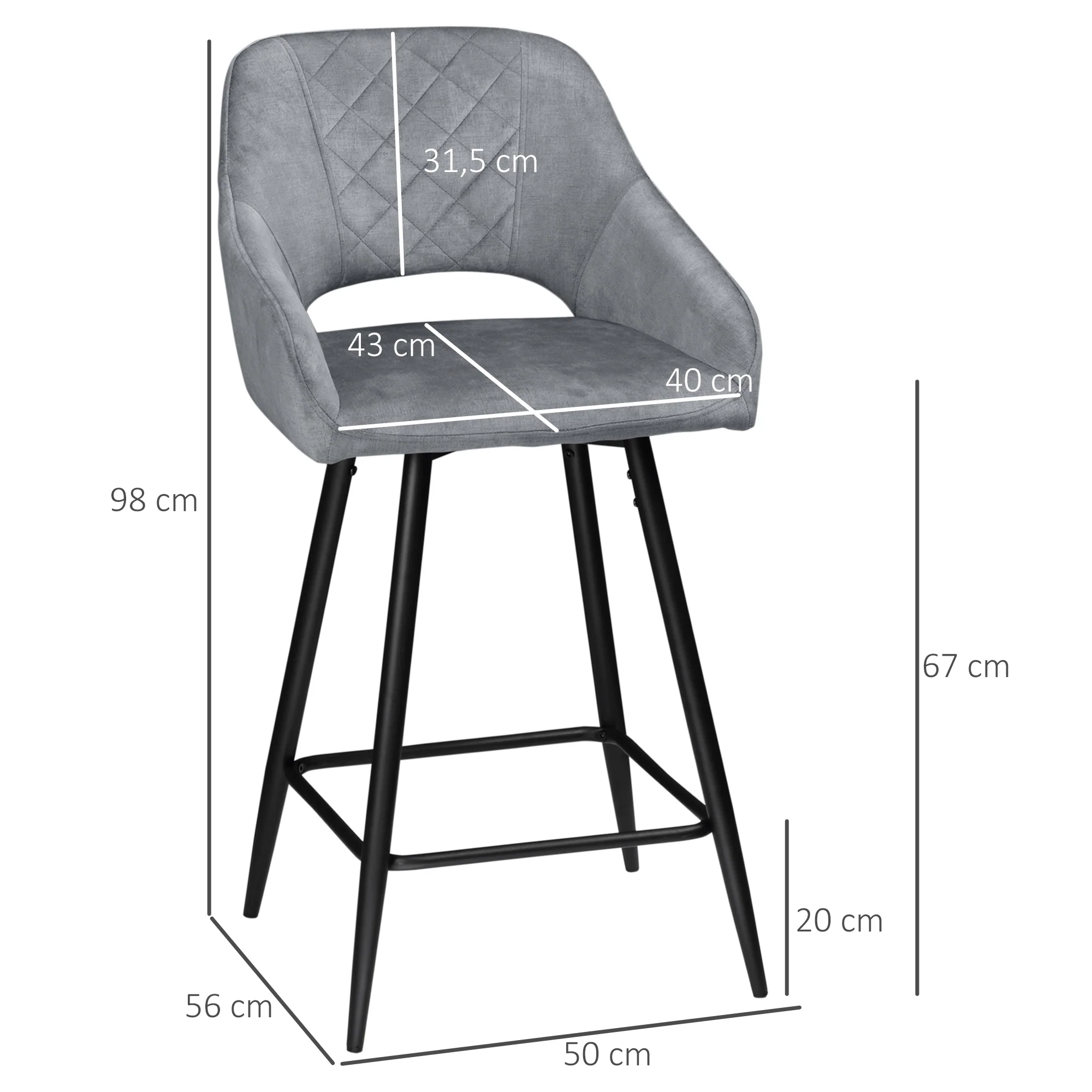 Lot de 2 Tabourets de Bar en Velours Chaises bar Hautes pieds en Métal Noir avec Repose-Pieds, accoudoirs Hauteur 67 cm - Gris - Image 4