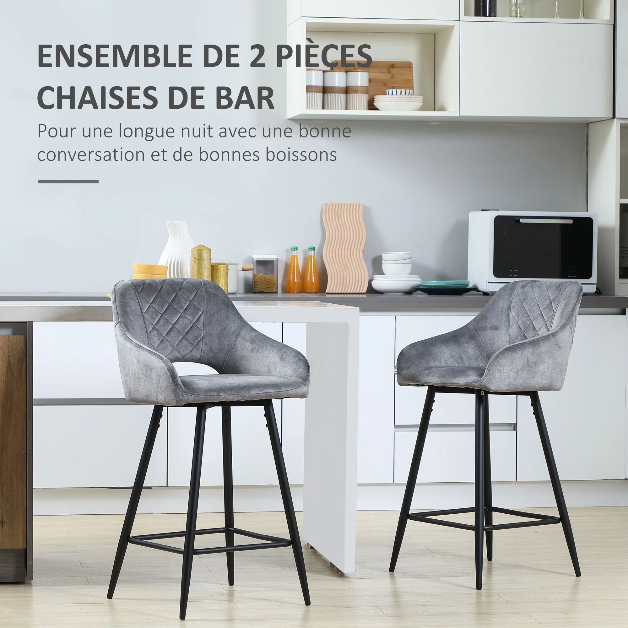 Lot de 2 Tabourets de Bar en Velours Chaises bar Hautes pieds en Métal Noir avec Repose-Pieds, accoudoirs Hauteur 67 cm - Gris - Image 5
