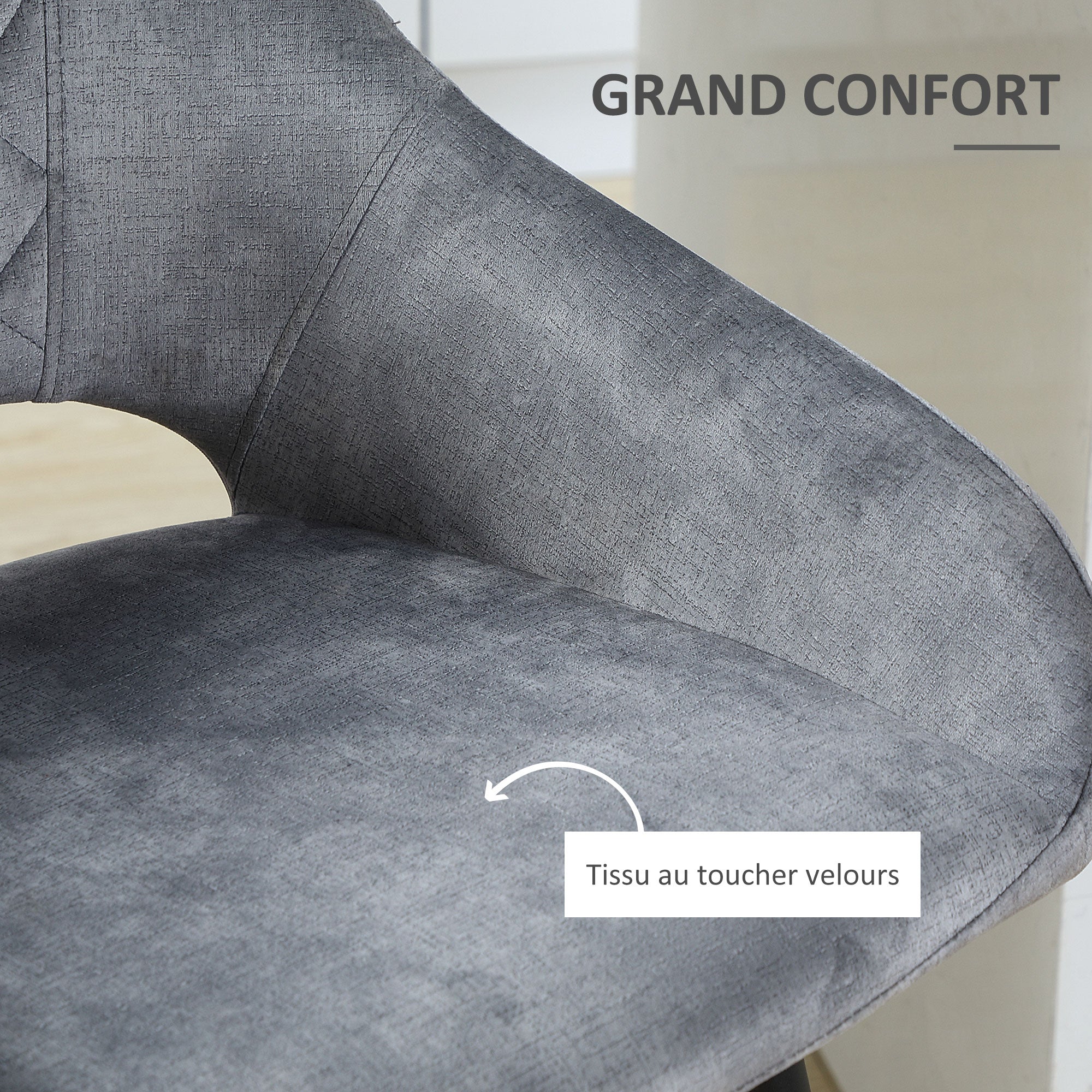 Lot de 2 Tabourets de Bar en Velours Chaises bar Hautes pieds en Métal Noir avec Repose-Pieds, accoudoirs Hauteur 67 cm - Gris - Image 6