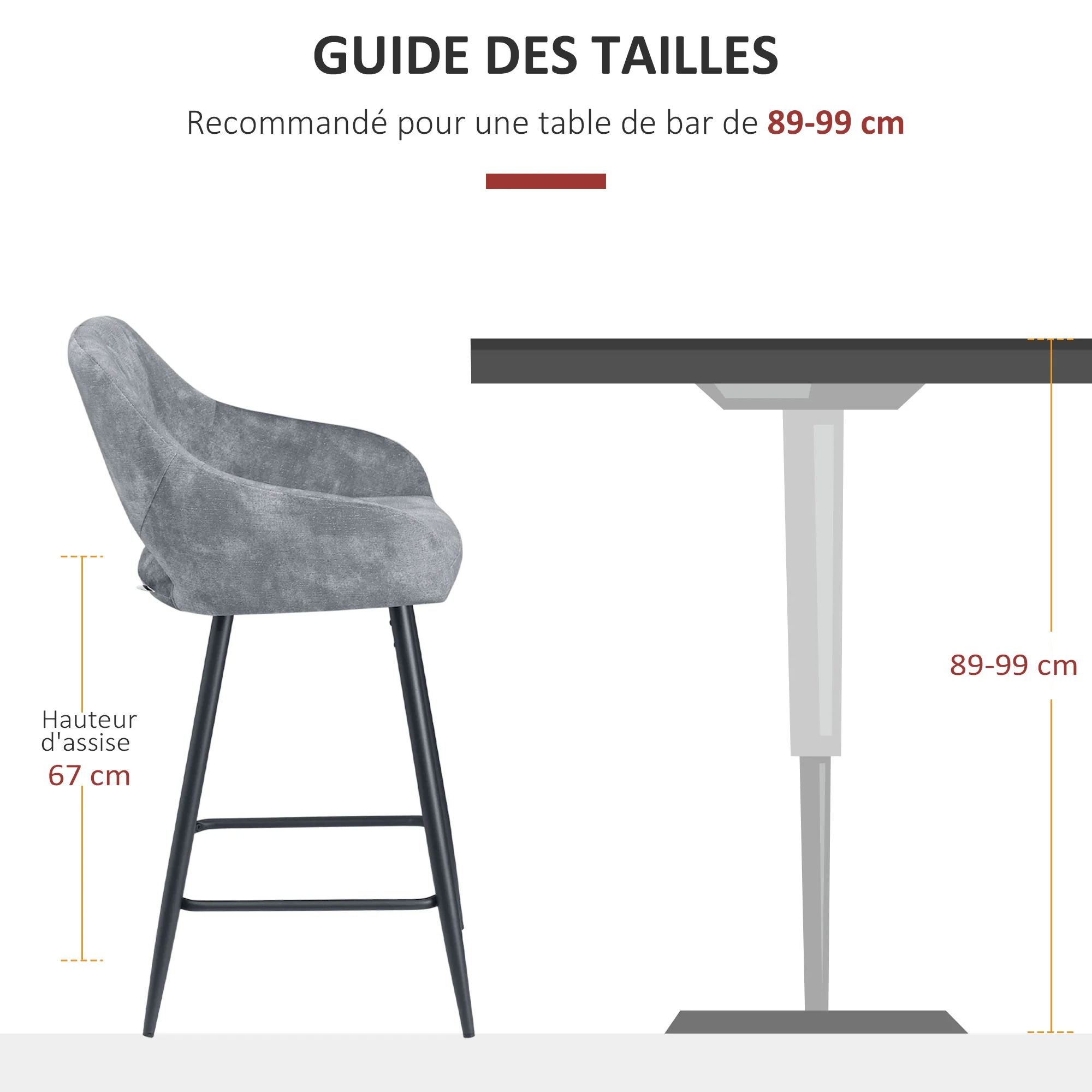 Lot de 2 Tabourets de Bar en Velours Chaises bar Hautes pieds en Métal Noir avec Repose-Pieds, accoudoirs Hauteur 67 cm - Gris - Image 8