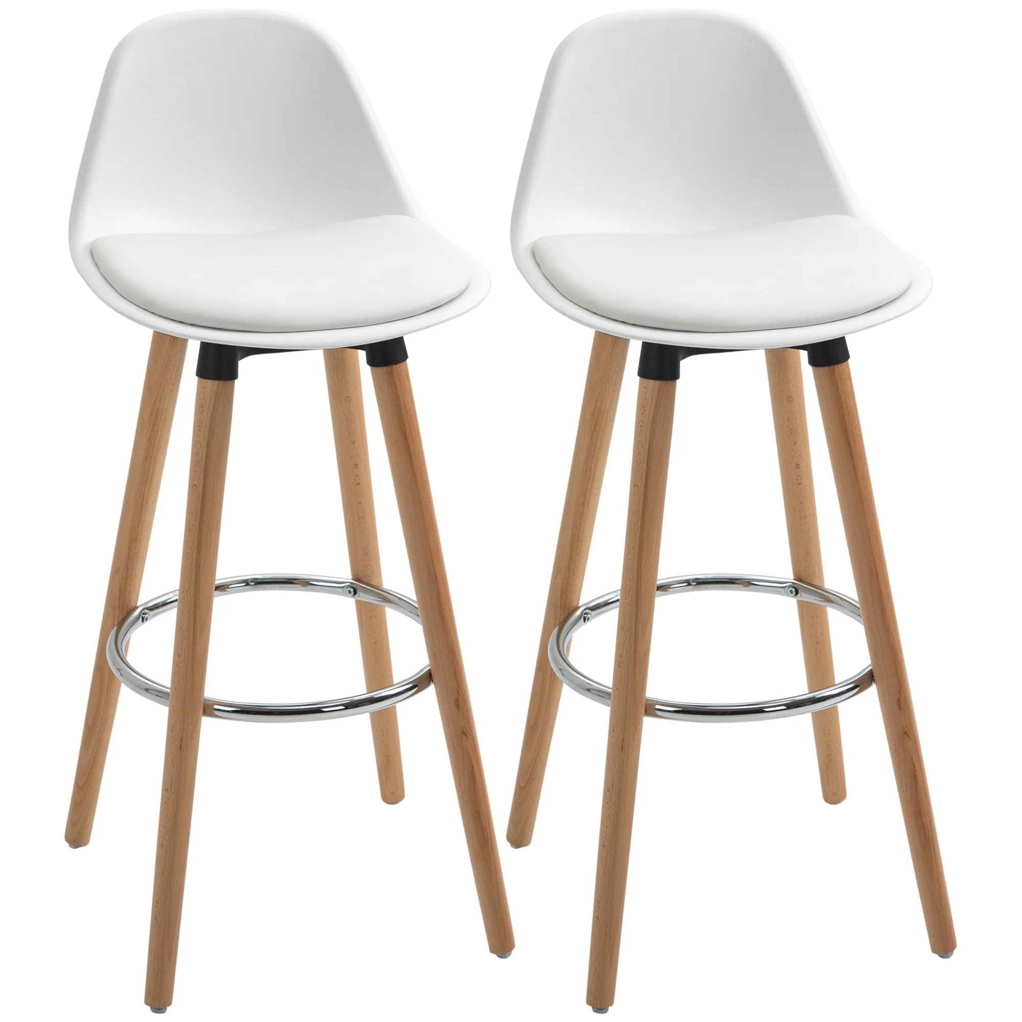 Lot de 2 tabourets de bar style scandinave hauteur 70 cm avec pieds en bois et repose-pieds en acier - blanc - Image 2