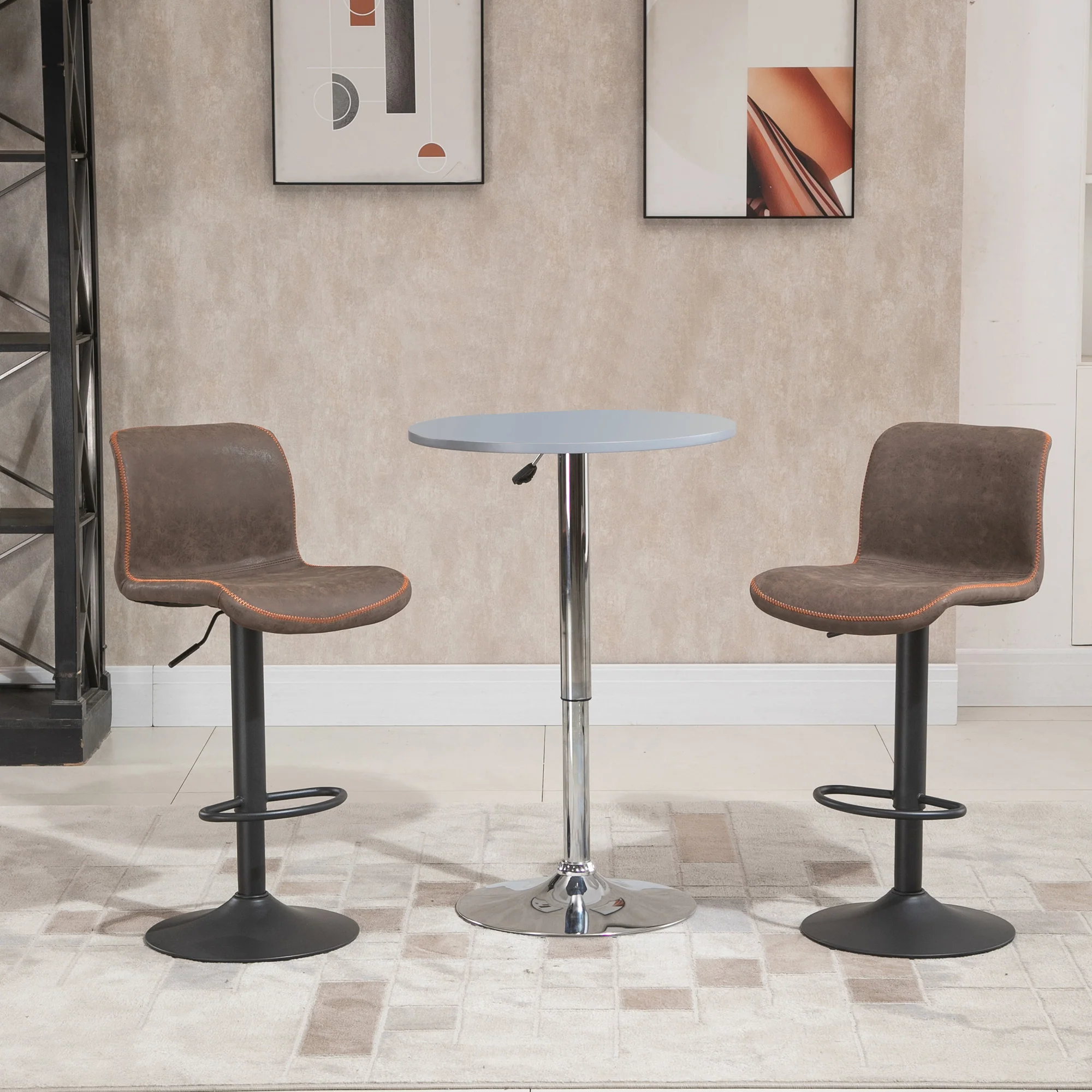 Lot de 2 tabourets de Bar Vintage réglable pivotant avec Repose-Pied PU Marron surpiqûre Orange - Image 3