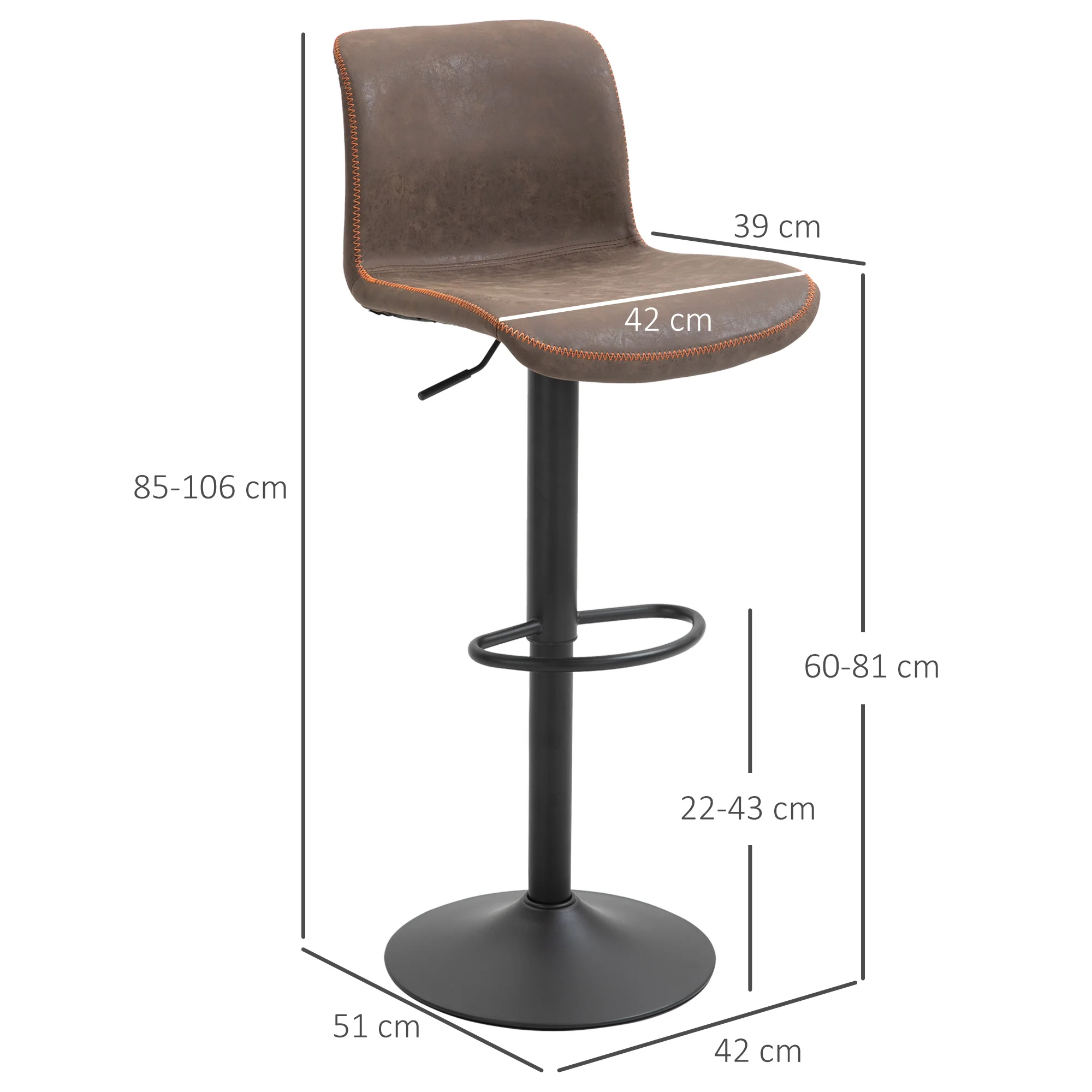 Lot de 2 tabourets de Bar Vintage réglable pivotant avec Repose-Pied PU Marron surpiqûre Orange - Image 4