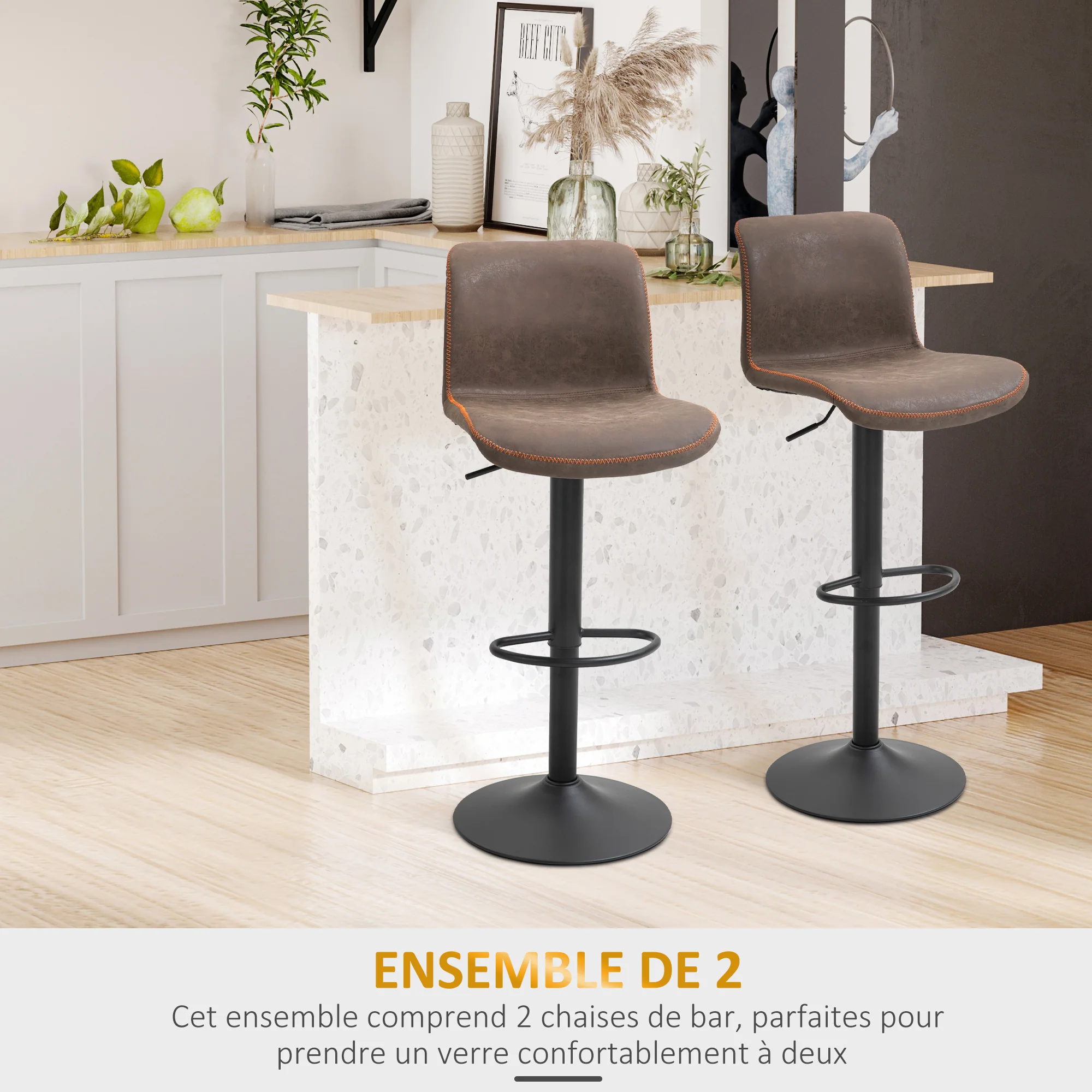 Lot de 2 tabourets de Bar Vintage réglable pivotant avec Repose-Pied PU Marron surpiqûre Orange - Image 5