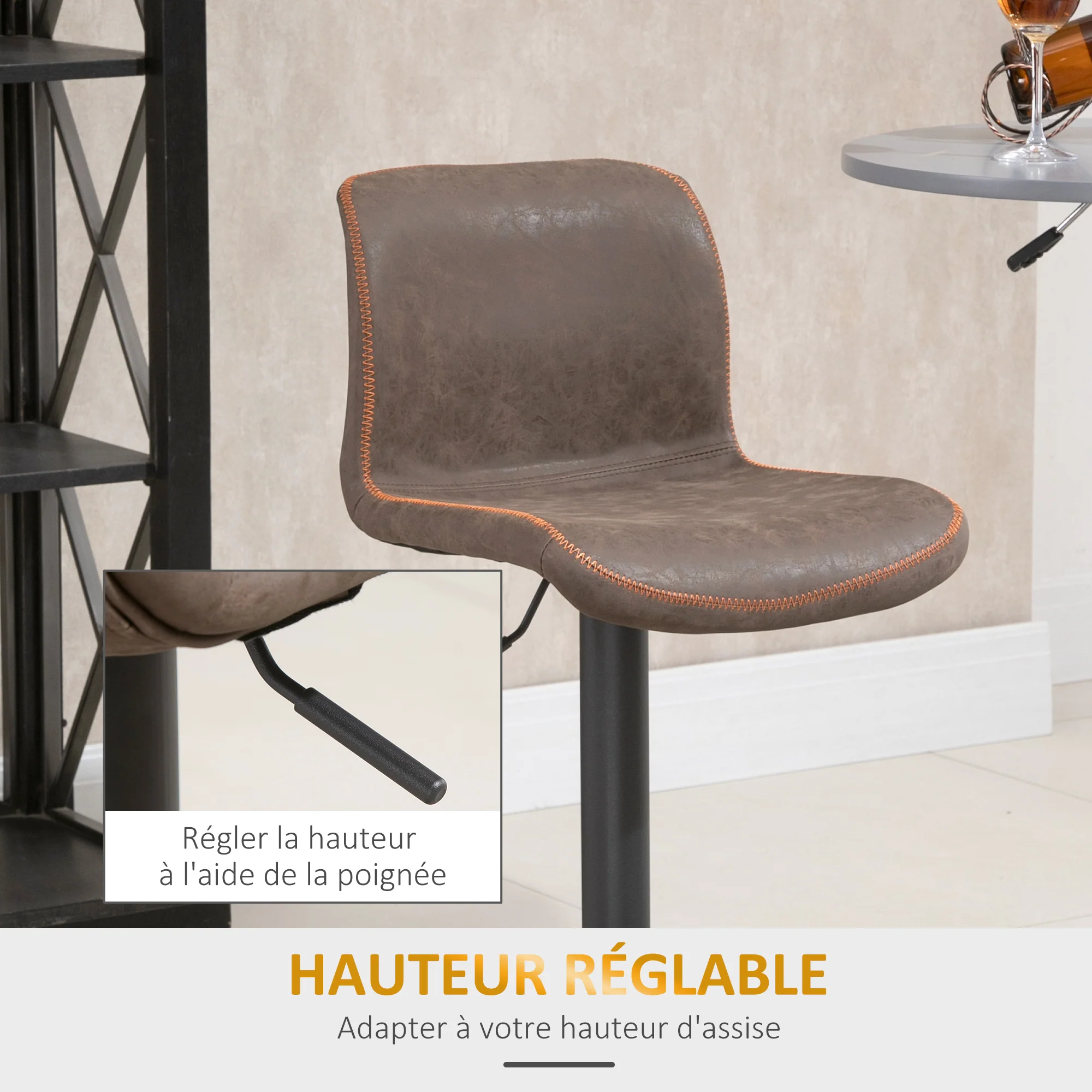 Lot de 2 tabourets de Bar Vintage réglable pivotant avec Repose-Pied PU Marron surpiqûre Orange - Image 6