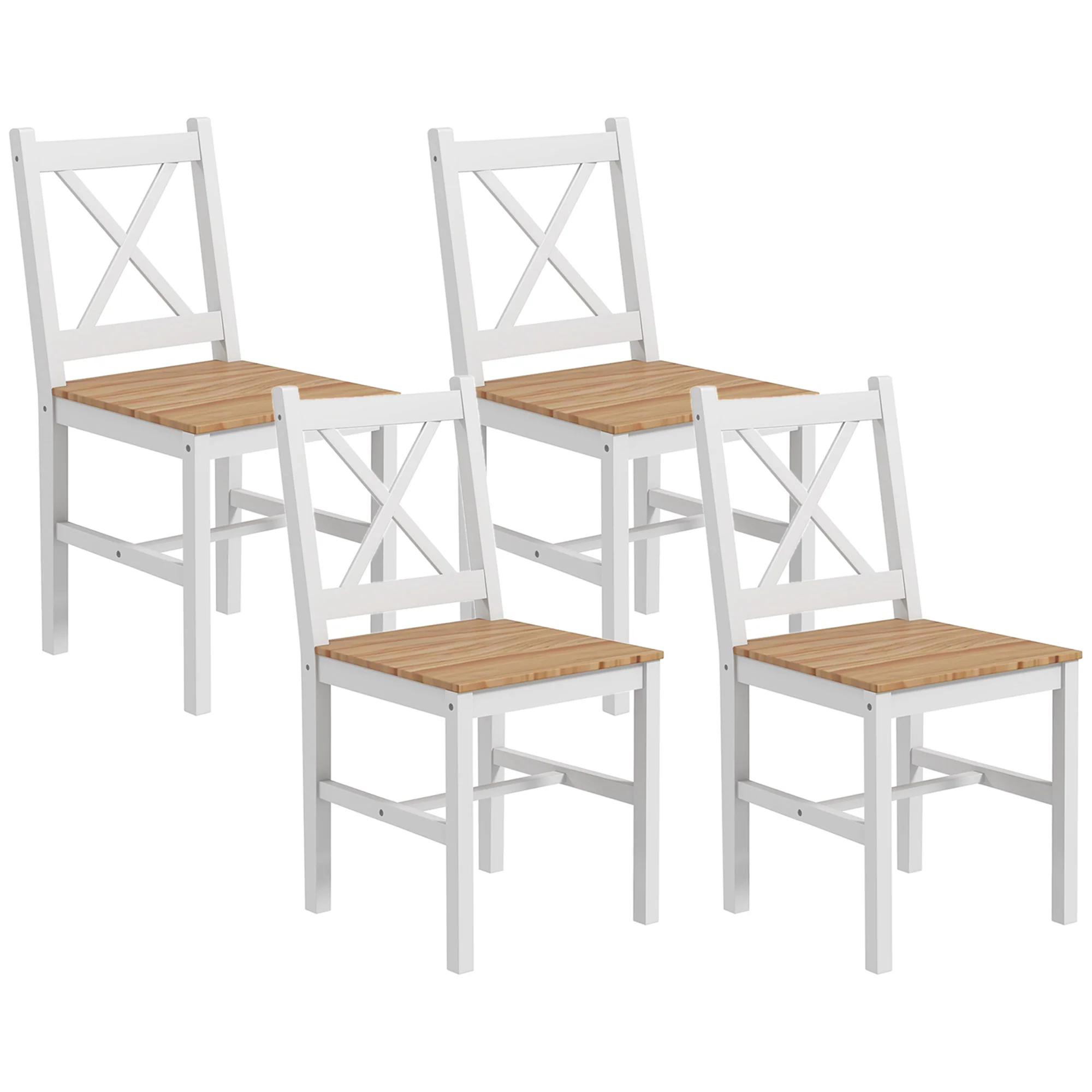 Lot de 4 chaises de salle à manger, chaises de cuisine, style maison de campagne, dossier haut, cadre en bois de pin, pour salon, chambre, cuisine, bois naturel et blanc - Image 2