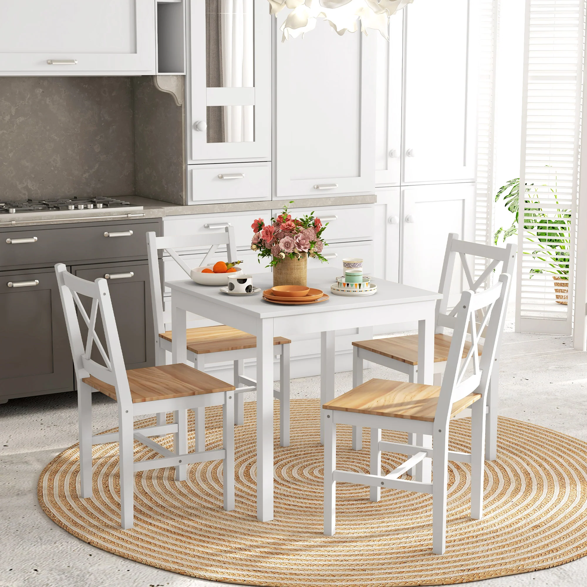 Lot de 4 chaises de salle à manger, chaises de cuisine, style maison de campagne, dossier haut, cadre en bois de pin, pour salon, chambre, cuisine, bois naturel et blanc - Image 3