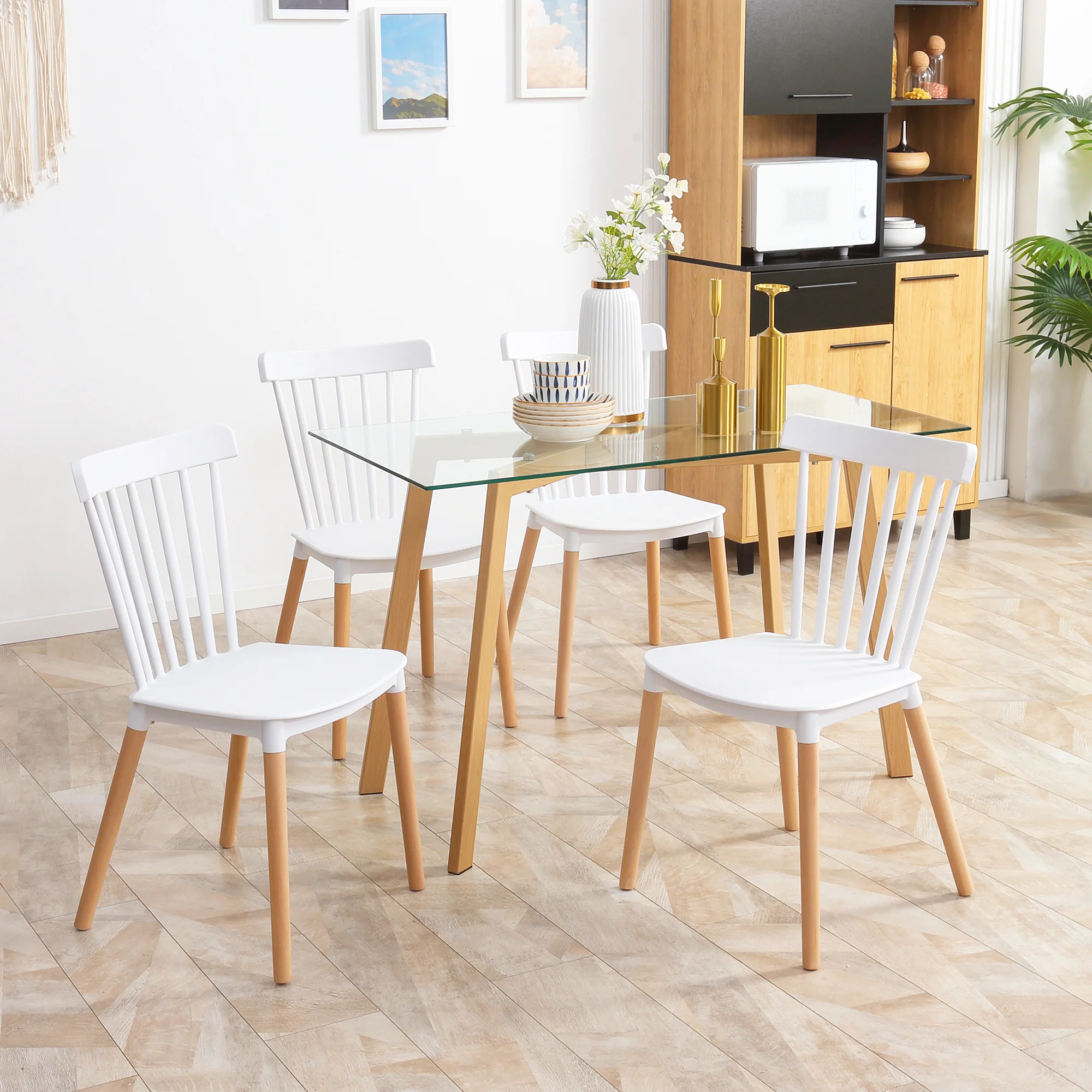 Lot de 4 chaises de salle à manger, chaises de cuisine, style scandinave, dossier haut, assise en polypropylène, pieds en hêtre, pour salon, chambre, cuisine, bureau, blanc - Image 3