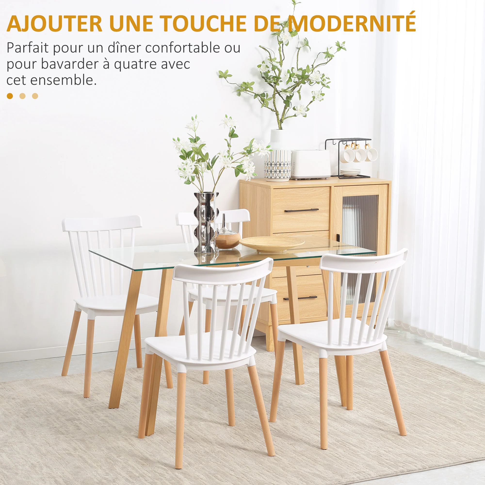 Lot de 4 chaises de salle à manger, chaises de cuisine, style scandinave, dossier haut, assise en polypropylène, pieds en hêtre, pour salon, chambre, cuisine, bureau, blanc - Image 5