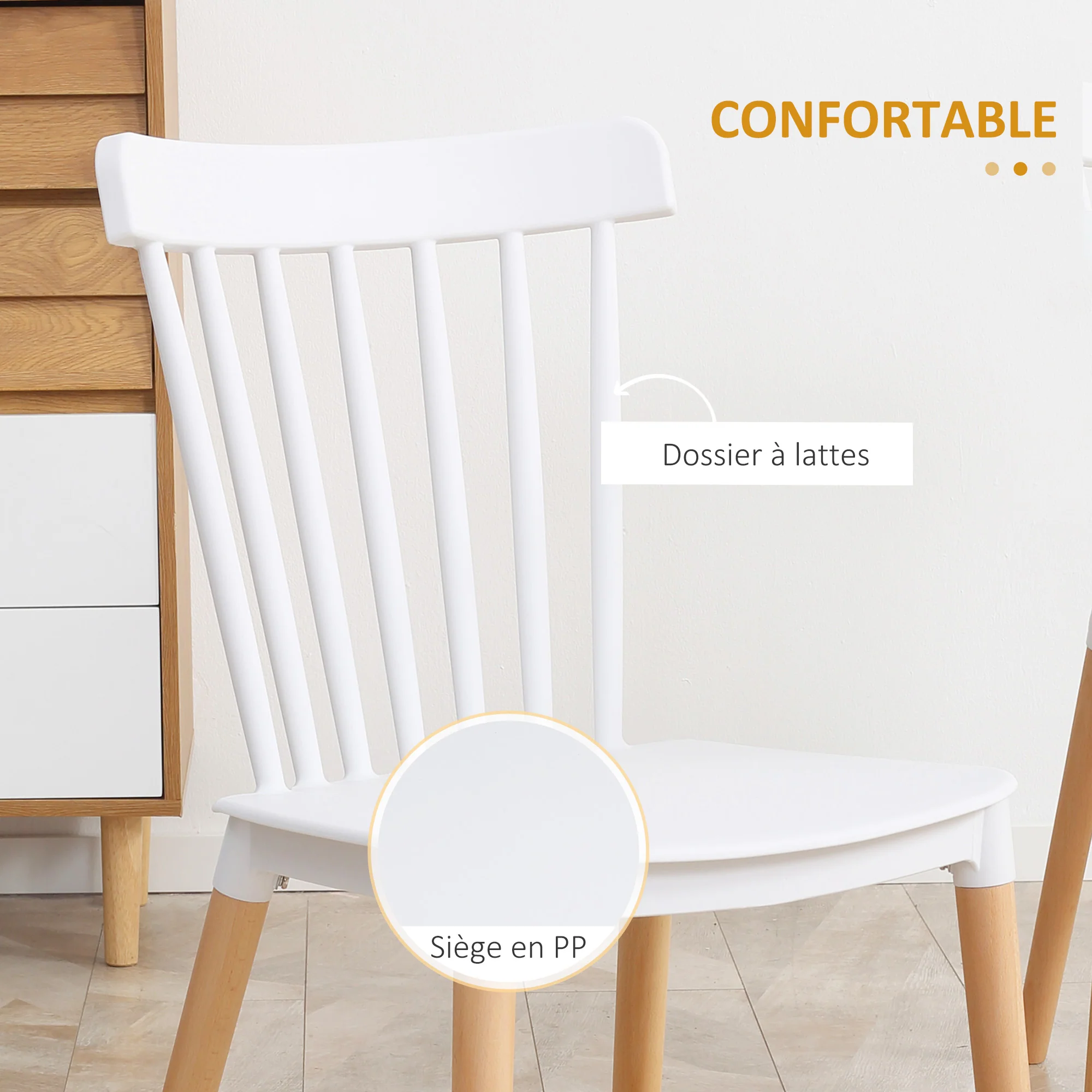 Lot de 4 chaises de salle à manger, chaises de cuisine, style scandinave, dossier haut, assise en polypropylène, pieds en hêtre, pour salon, chambre, cuisine, bureau, blanc - Image 6
