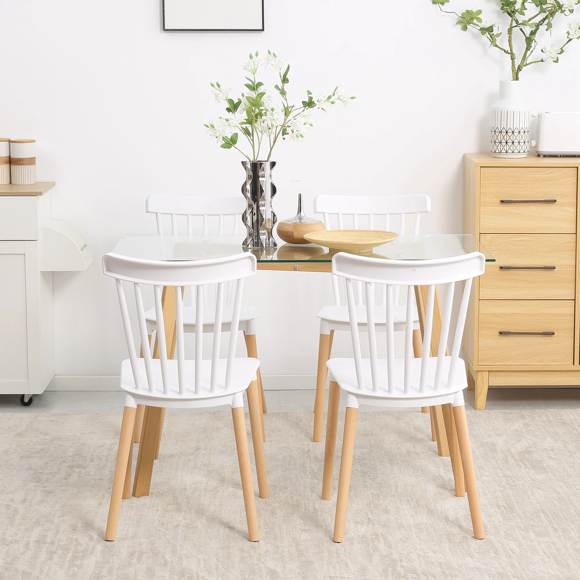 Lot de 4 chaises de salle à manger, chaises de cuisine, style scandinave, dossier haut, assise en polypropylène, pieds en hêtre, pour salon, chambre, cuisine, bureau, blanc - Image 8