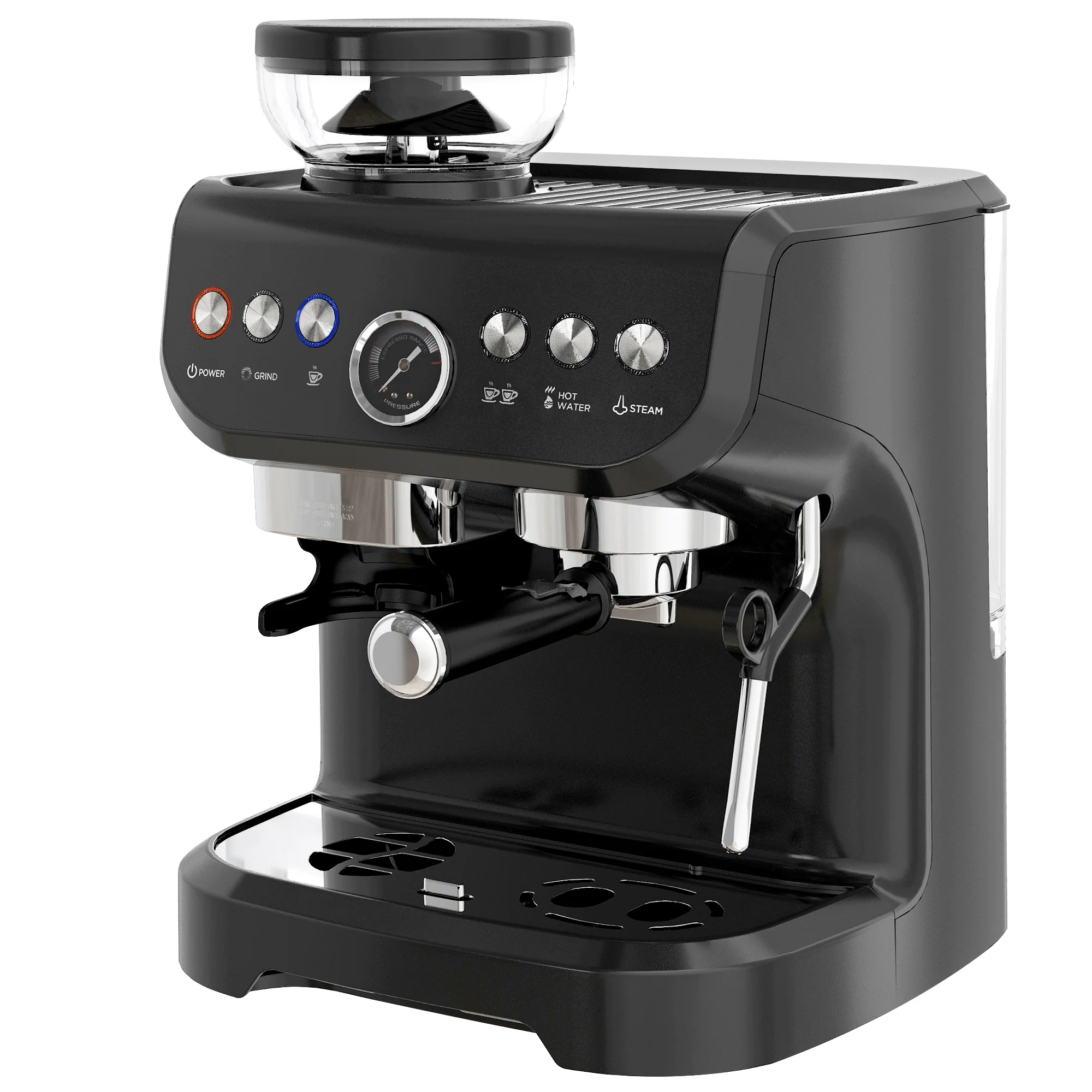 Machine à expresso machine à café à grains 1600W avec moulin à grains, buse vapeur, pompe italienne 15 bars, 1 ou 2 tasses, réservoir d'eau 2 L, cafetière espresso en acier inoxydable, noir