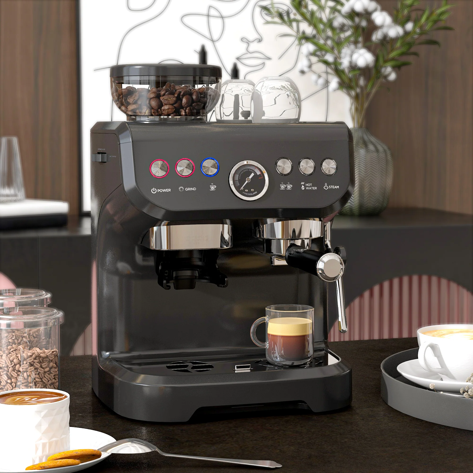 Machine à expresso machine à café à grains 1600W avec moulin à grains, buse vapeur, pompe italienne 15 bars, 1 ou 2 tasses, réservoir d'eau 2 L, cafetière espresso en acier inoxydable, noir - Image 3