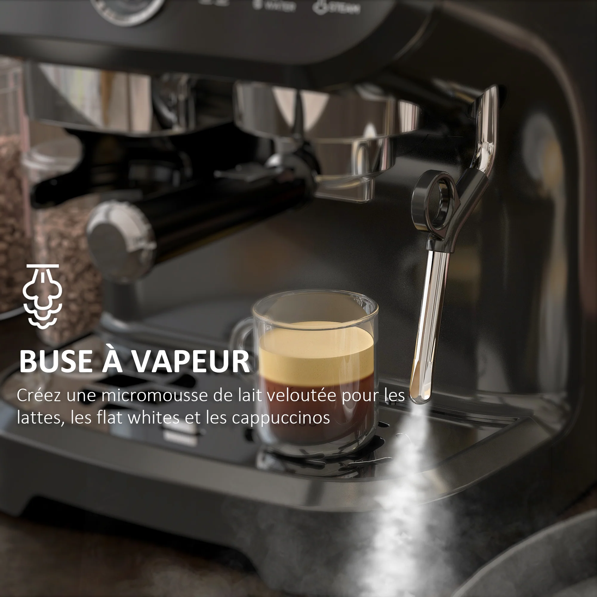 Machine à expresso machine à café à grains 1600W avec moulin à grains, buse vapeur, pompe italienne 15 bars, 1 ou 2 tasses, réservoir d'eau 2 L, cafetière espresso en acier inoxydable, noir - Image 6