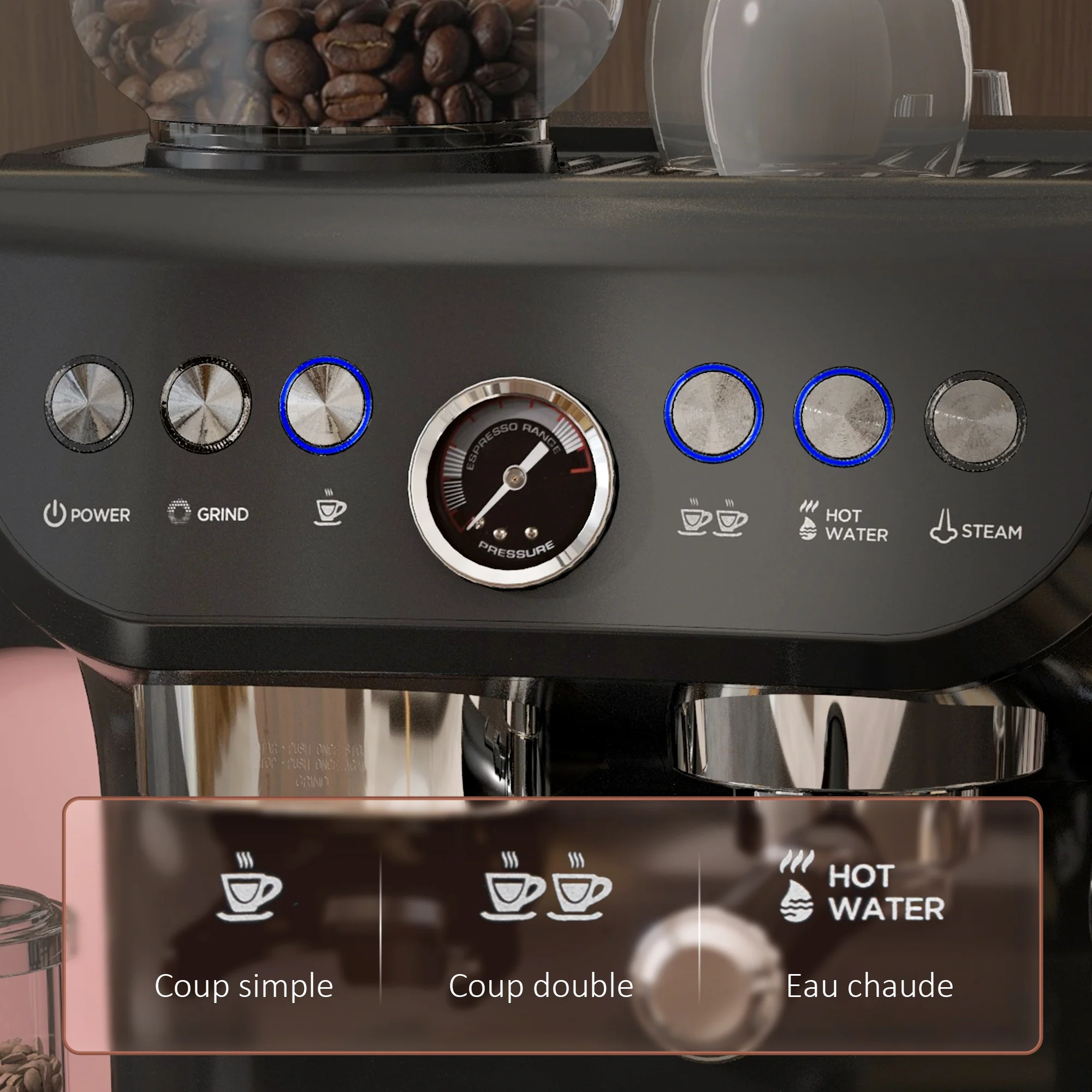 Machine à expresso machine à café à grains 1600W avec moulin à grains, buse vapeur, pompe italienne 15 bars, 1 ou 2 tasses, réservoir d'eau 2 L, cafetière espresso en acier inoxydable, noir - Image 8