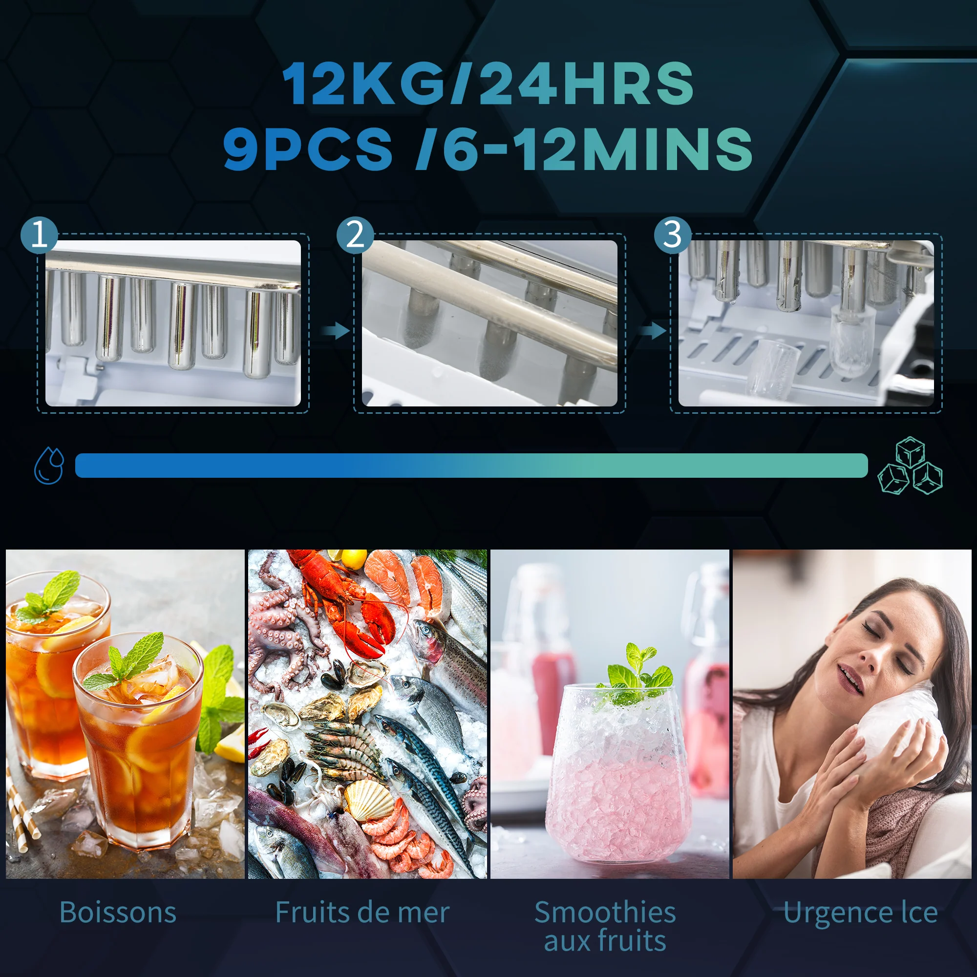 Machine à gla?ons 12kg en 24h, Machine Glacon autonettoyant, capacité réservoir 1,8 L, Affichage LED, pelle et panier inclus, en acier Inox pour Maison, Cuisine, Bar - Image 5