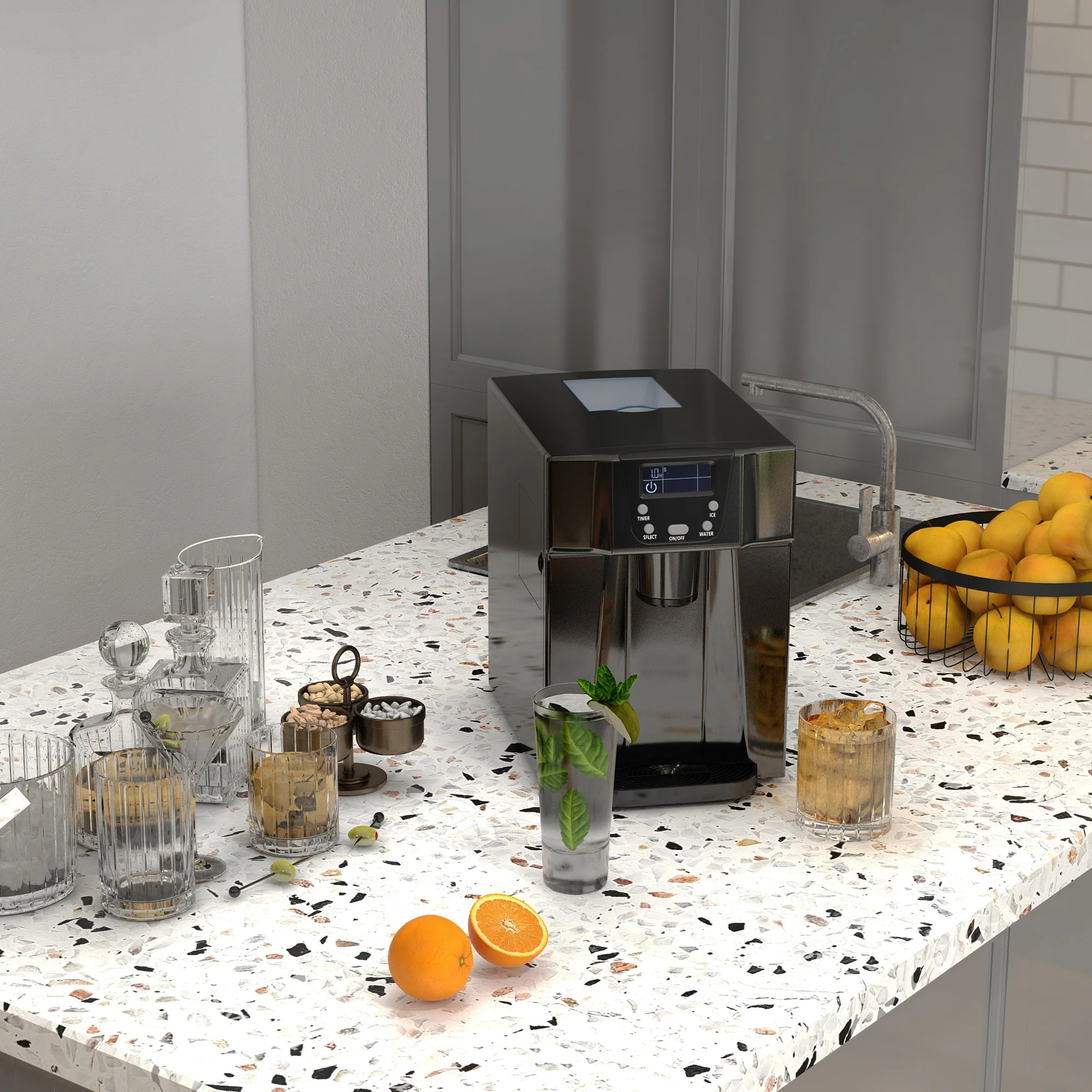 Machine à glaçons avec distributeur d'eau, 12kg en 24h, 9 glaçons en 6-10 minutes, ice maker portable, taille de glaçon réglable, minuterie, pour maison, cuisine, bureau, bar, noir - Image 2