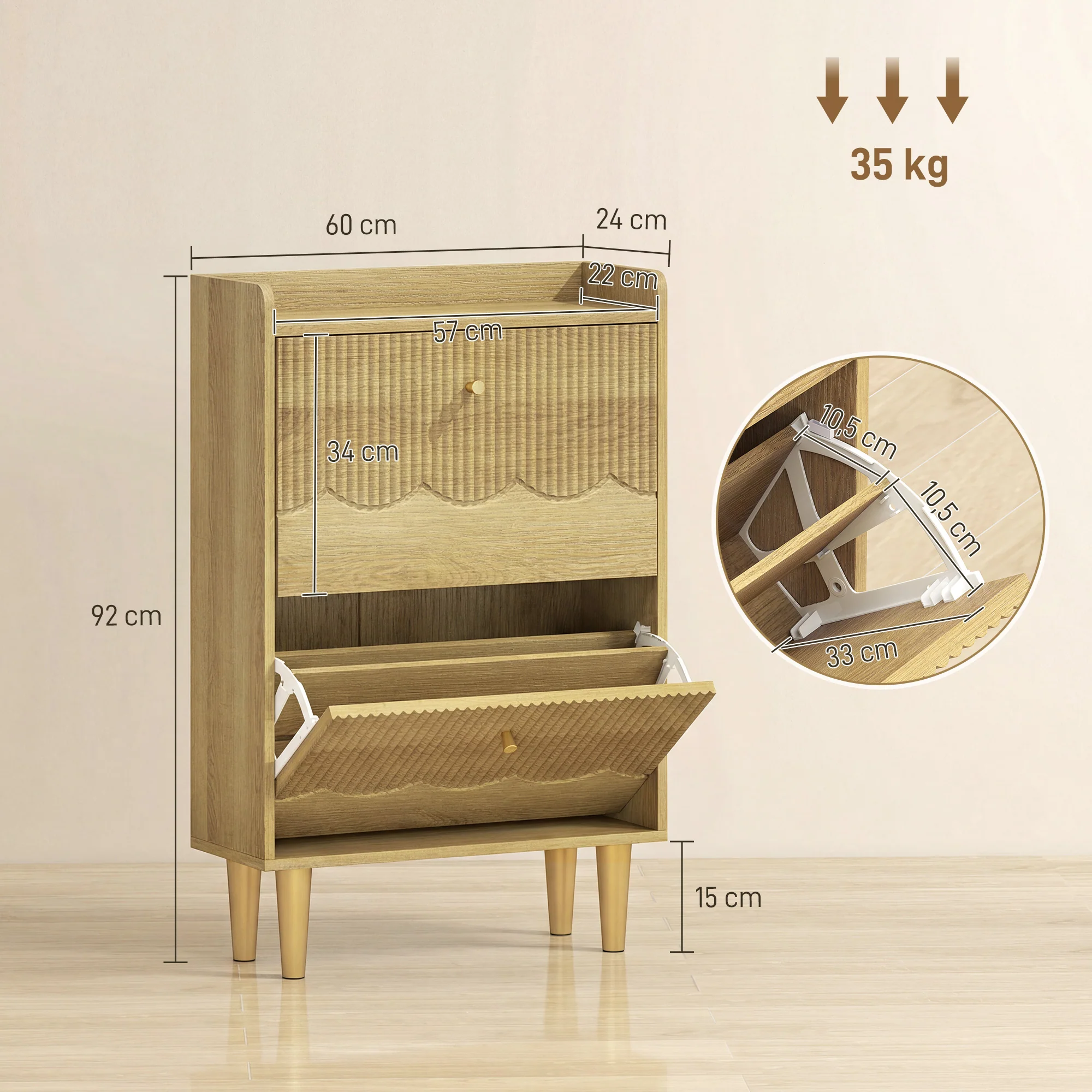 Meuble à chaussures 12 paires, armoire à chaussures étroite, 2 tiroirs rabattables, étagères réglables et plateau supérieur, pour couloir et entrée, 60 x 24 x 92 cm, chêne - Image 4
