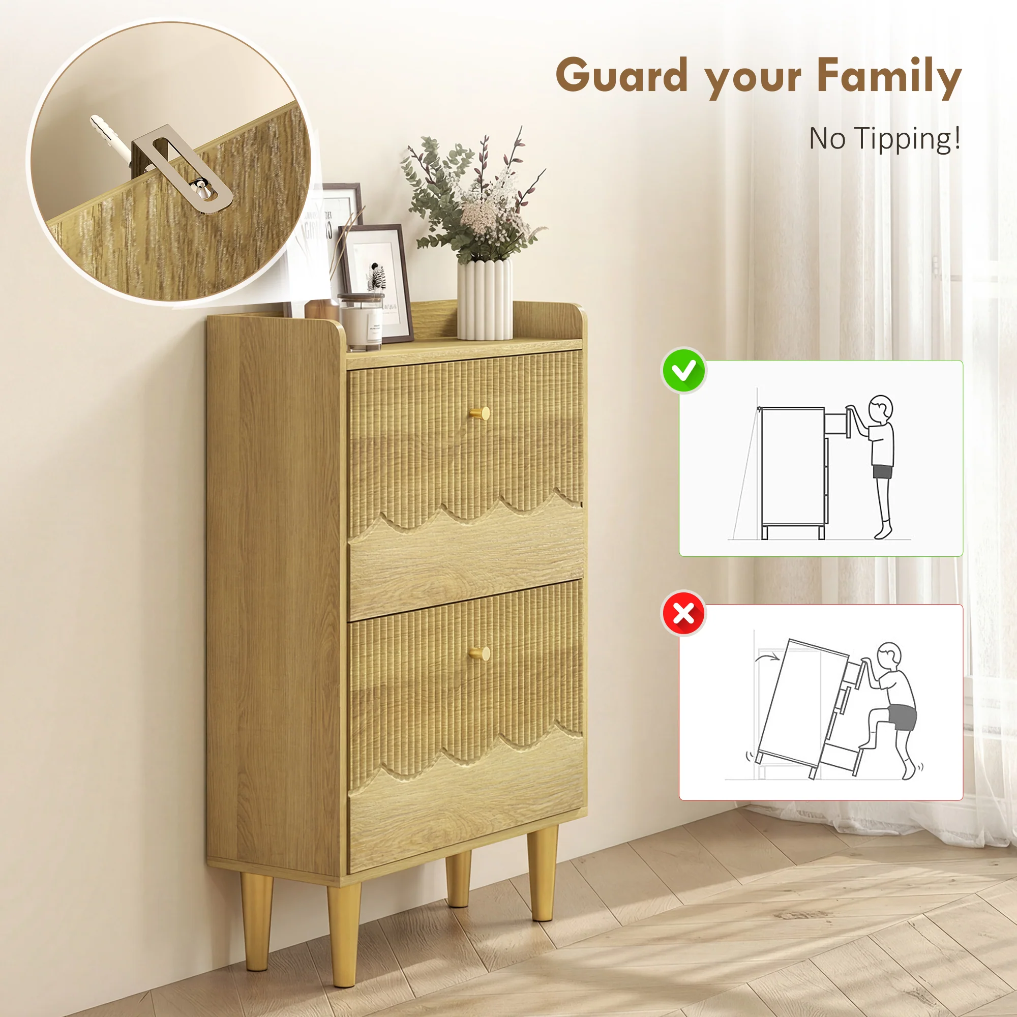 Meuble à chaussures 12 paires, armoire à chaussures étroite, 2 tiroirs rabattables, étagères réglables et plateau supérieur, pour couloir et entrée, 60 x 24 x 92 cm, chêne - Image 6