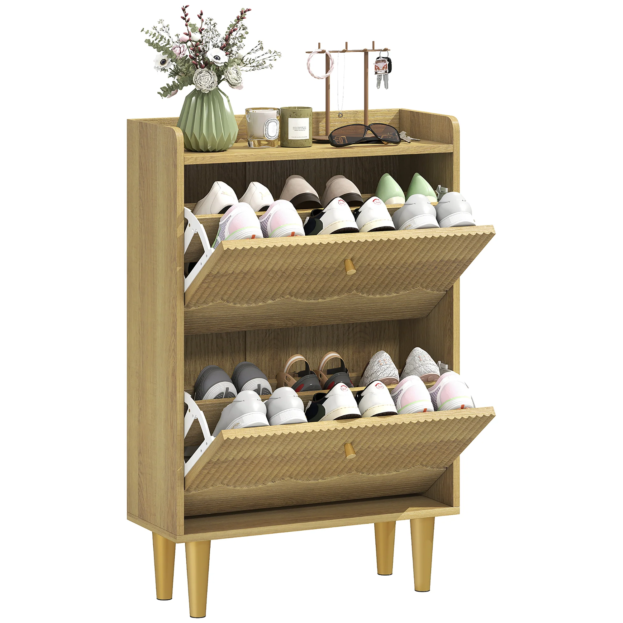 Meuble à chaussures 12 paires, armoire à chaussures étroite, 2 tiroirs rabattables, étagères réglables et plateau supérieur, pour couloir et entrée, 60 x 24 x 92 cm, chêne - Image 8