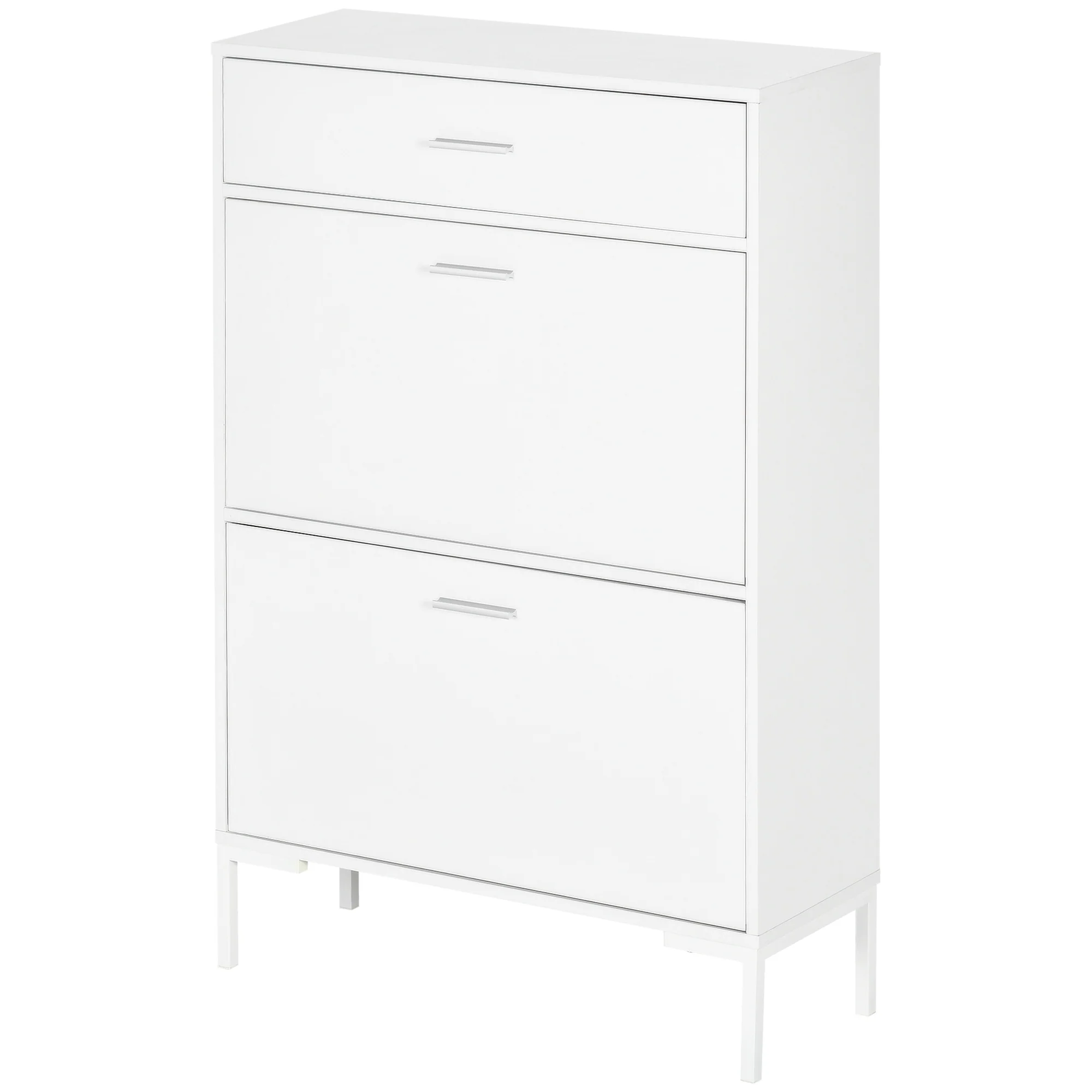 Meuble à chaussures 12 paires, armoire à chaussures étroite avec 2 tiroirs rabattables, 1 tiroir et étagères réglables, style moderne, pour couloir, entrée, 75 x 26 x 110 cm, blanc