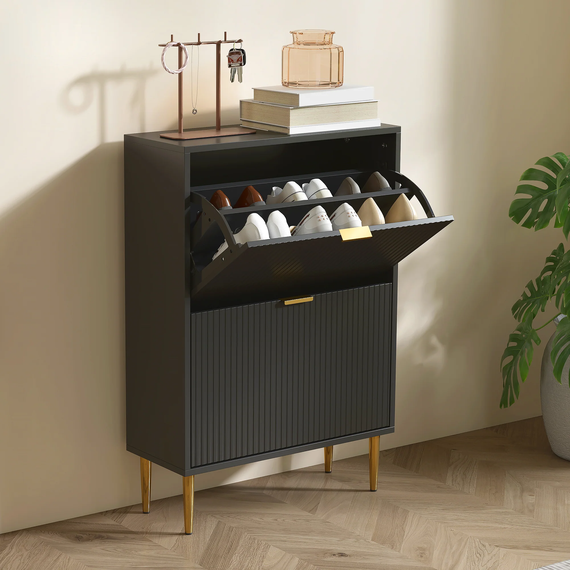 Meuble à chaussures 12 paires, armoire à chaussures étroite moderne avec 2 tiroirs rabattables, portes cannelées et étagères réglables, pour couloir et entrée, 60 x 24 x 91,5 cm, noir - Image 10