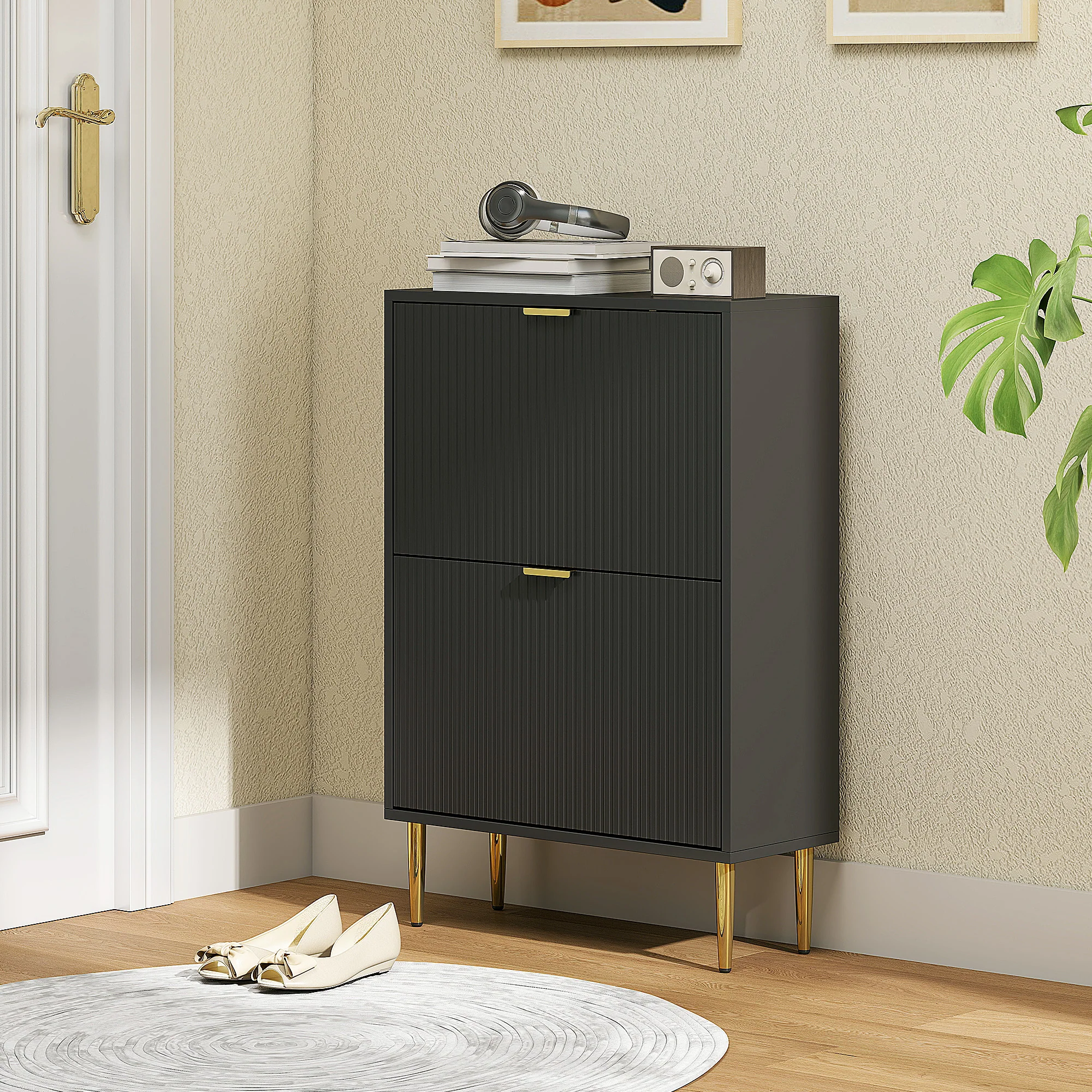 Meuble à chaussures 12 paires, armoire à chaussures étroite moderne avec 2 tiroirs rabattables, portes cannelées et étagères réglables, pour couloir et entrée, 60 x 24 x 91,5 cm, noir - Image 11