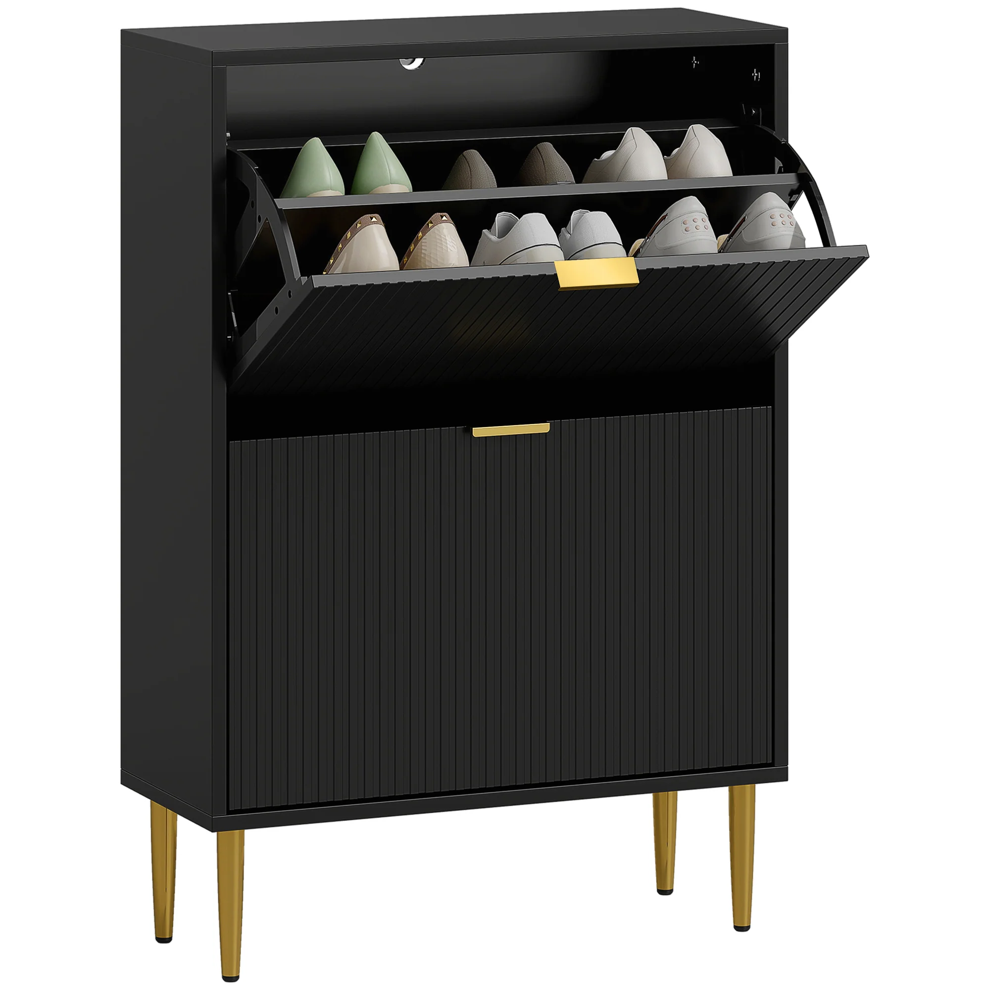 Meuble à chaussures 12 paires, armoire à chaussures étroite moderne avec 2 tiroirs rabattables, portes cannelées et étagères réglables, pour couloir et entrée, 60 x 24 x 91,5 cm, noir - Image 12