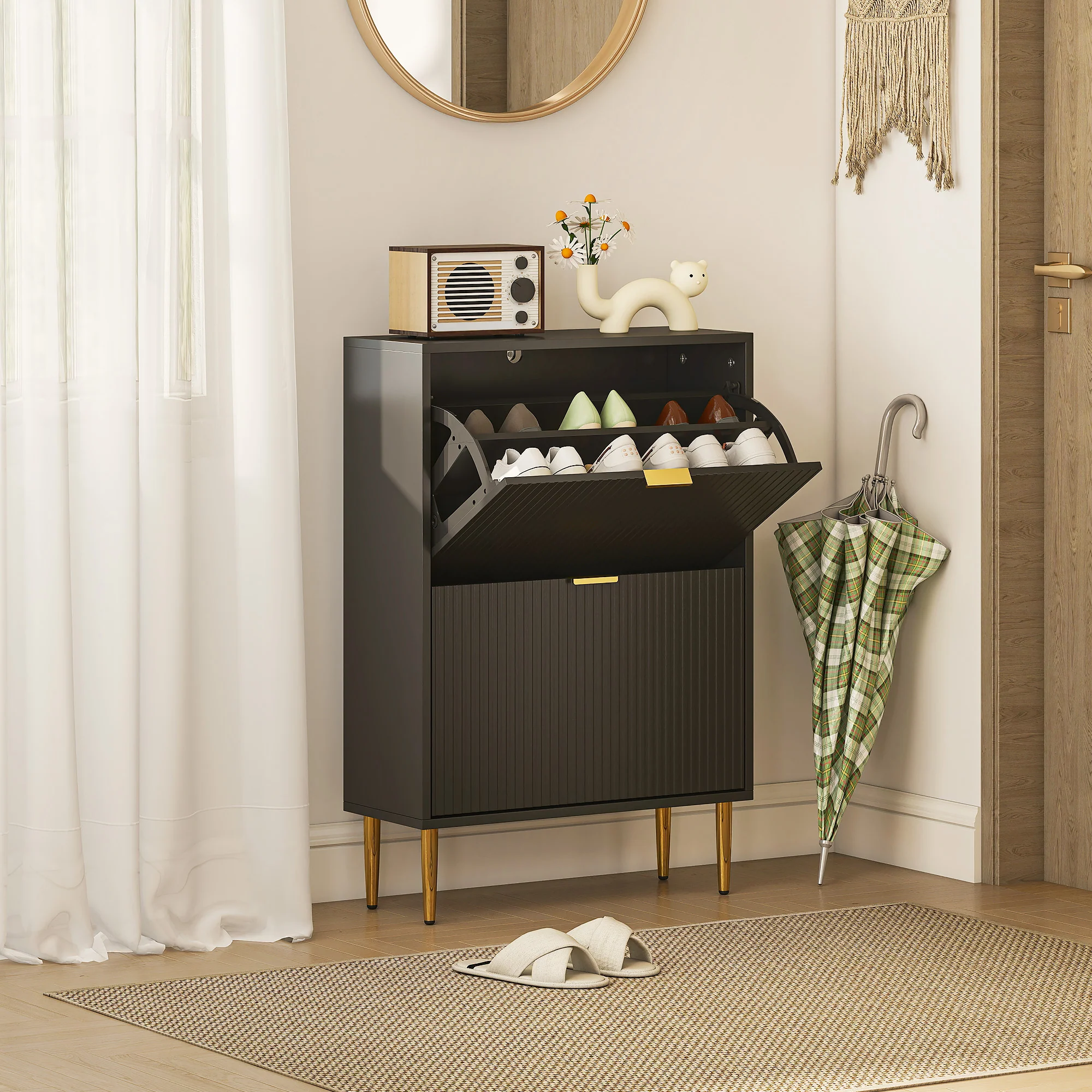 Meuble à chaussures 12 paires, armoire à chaussures étroite moderne avec 2 tiroirs rabattables, portes cannelées et étagères réglables, pour couloir et entrée, 60 x 24 x 91,5 cm, noir - Image 3