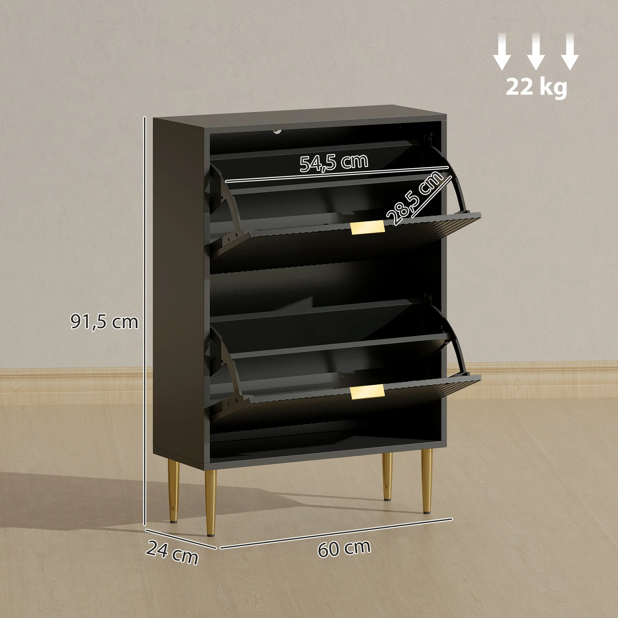 Meuble à chaussures 12 paires, armoire à chaussures étroite moderne avec 2 tiroirs rabattables, portes cannelées et étagères réglables, pour couloir et entrée, 60 x 24 x 91,5 cm, noir - Image 4