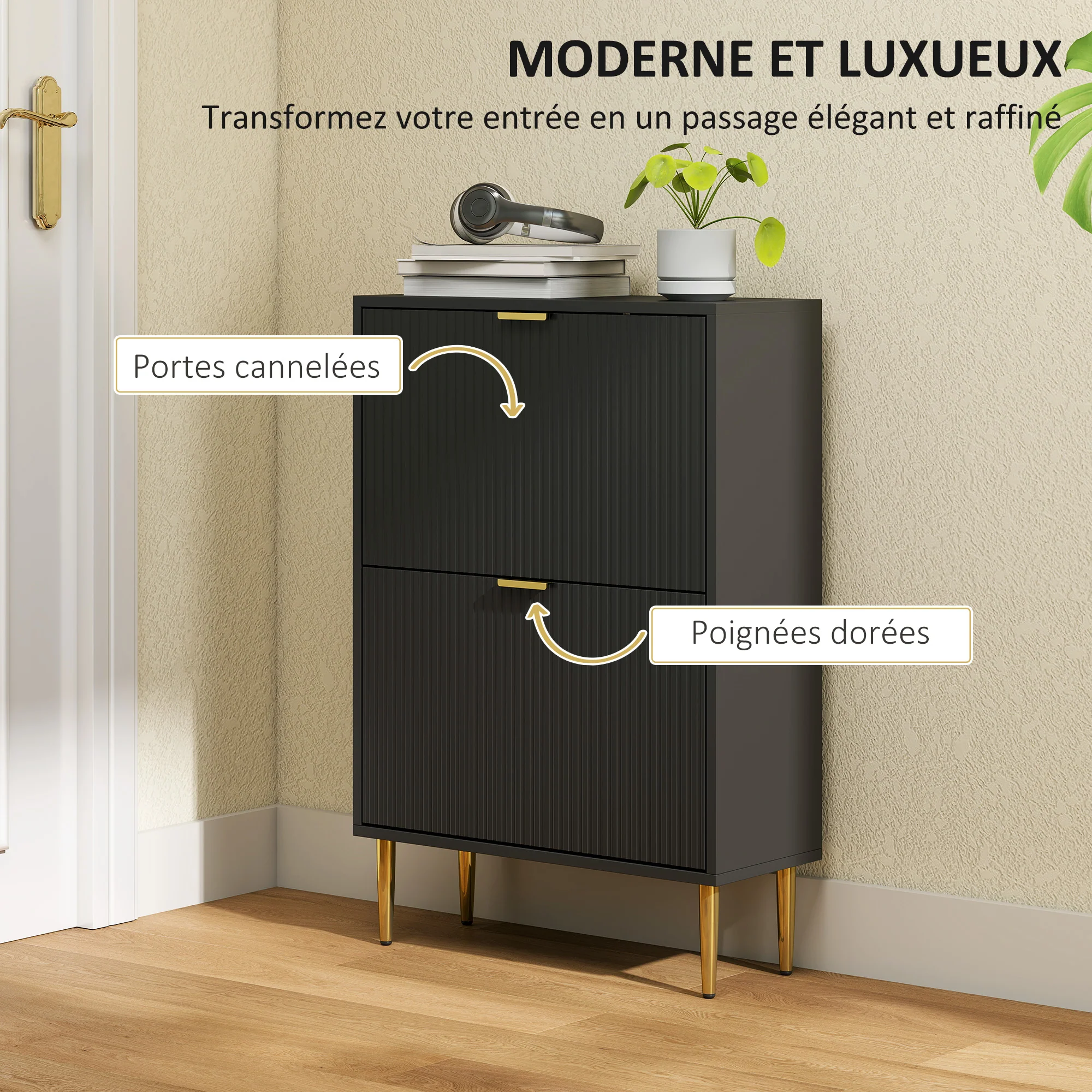 Meuble à chaussures 12 paires, armoire à chaussures étroite moderne avec 2 tiroirs rabattables, portes cannelées et étagères réglables, pour couloir et entrée, 60 x 24 x 91,5 cm, noir - Image 5