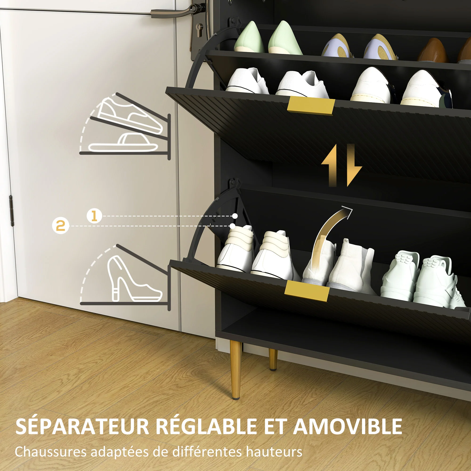 Meuble à chaussures 12 paires, armoire à chaussures étroite moderne avec 2 tiroirs rabattables, portes cannelées et étagères réglables, pour couloir et entrée, 60 x 24 x 91,5 cm, noir - Image 7