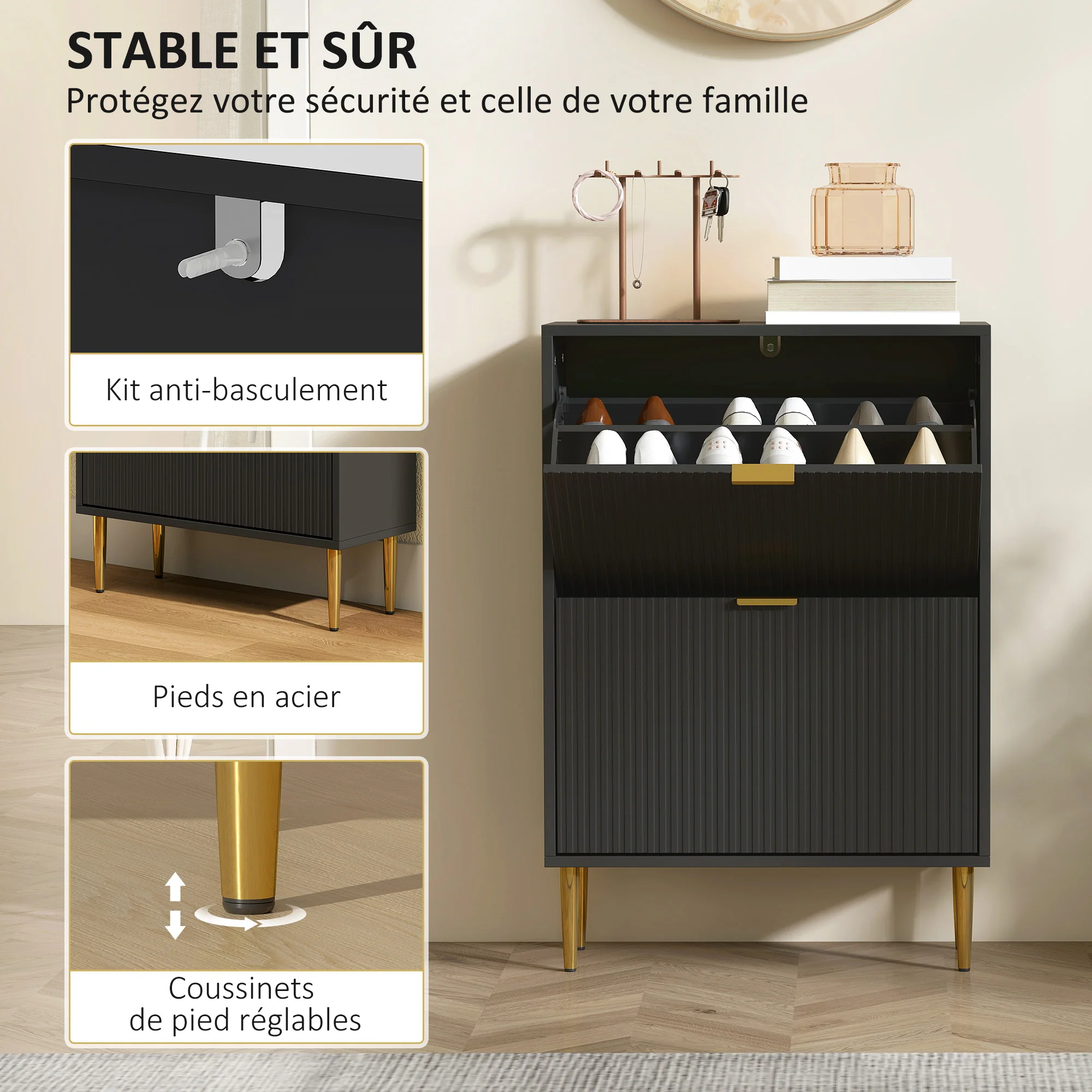 Meuble à chaussures 12 paires, armoire à chaussures étroite moderne avec 2 tiroirs rabattables, portes cannelées et étagères réglables, pour couloir et entrée, 60 x 24 x 91,5 cm, noir - Image 8