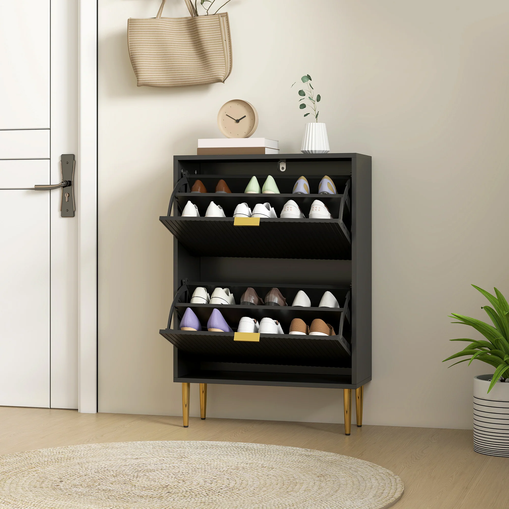 Meuble à chaussures 12 paires, armoire à chaussures étroite moderne avec 2 tiroirs rabattables, portes cannelées et étagères réglables, pour couloir et entrée, 60 x 24 x 91,5 cm, noir - Image 9