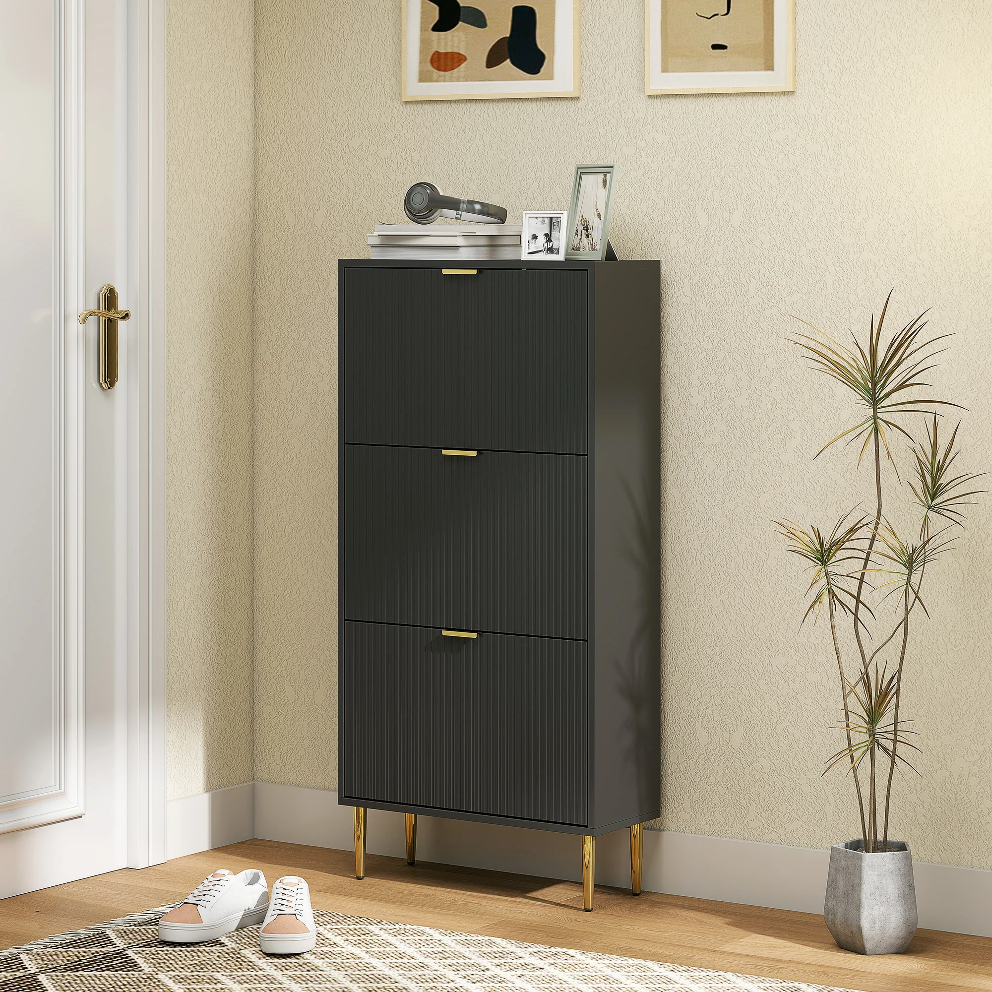 Meuble à chaussures 18 paires, armoire à chaussures étroite moderne avec 3 tiroirs rabattables, portes cannelées et étagères réglables, pour couloir et entrée, 60 x 24 x 122,5 cm, noir - Image 11