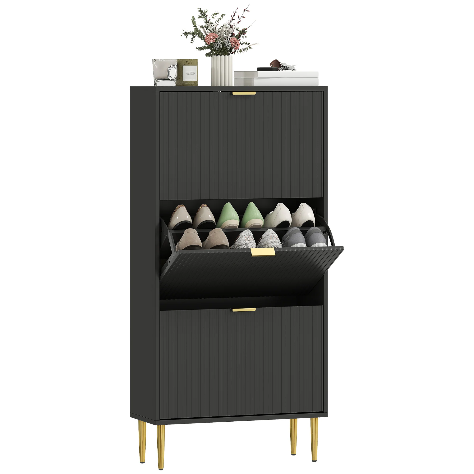 Meuble à chaussures 18 paires, armoire à chaussures étroite moderne avec 3 tiroirs rabattables, portes cannelées et étagères réglables, pour couloir et entrée, 60 x 24 x 122,5 cm, noir - Image 12