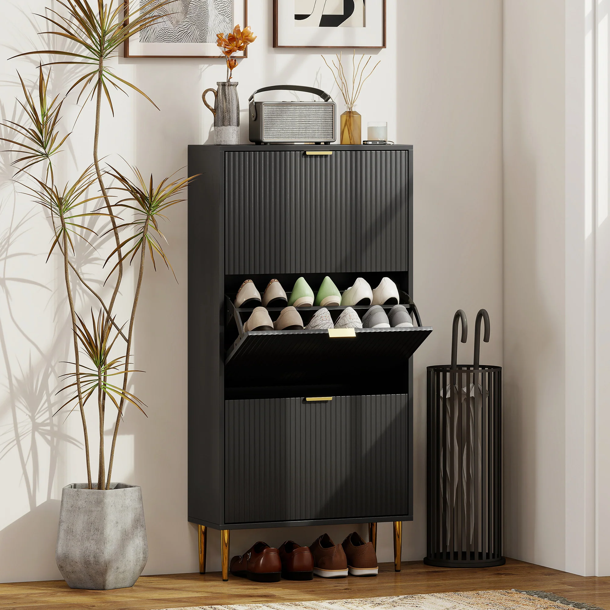 Meuble à chaussures 18 paires, armoire à chaussures étroite moderne avec 3 tiroirs rabattables, portes cannelées et étagères réglables, pour couloir et entrée, 60 x 24 x 122,5 cm, noir - Image 3