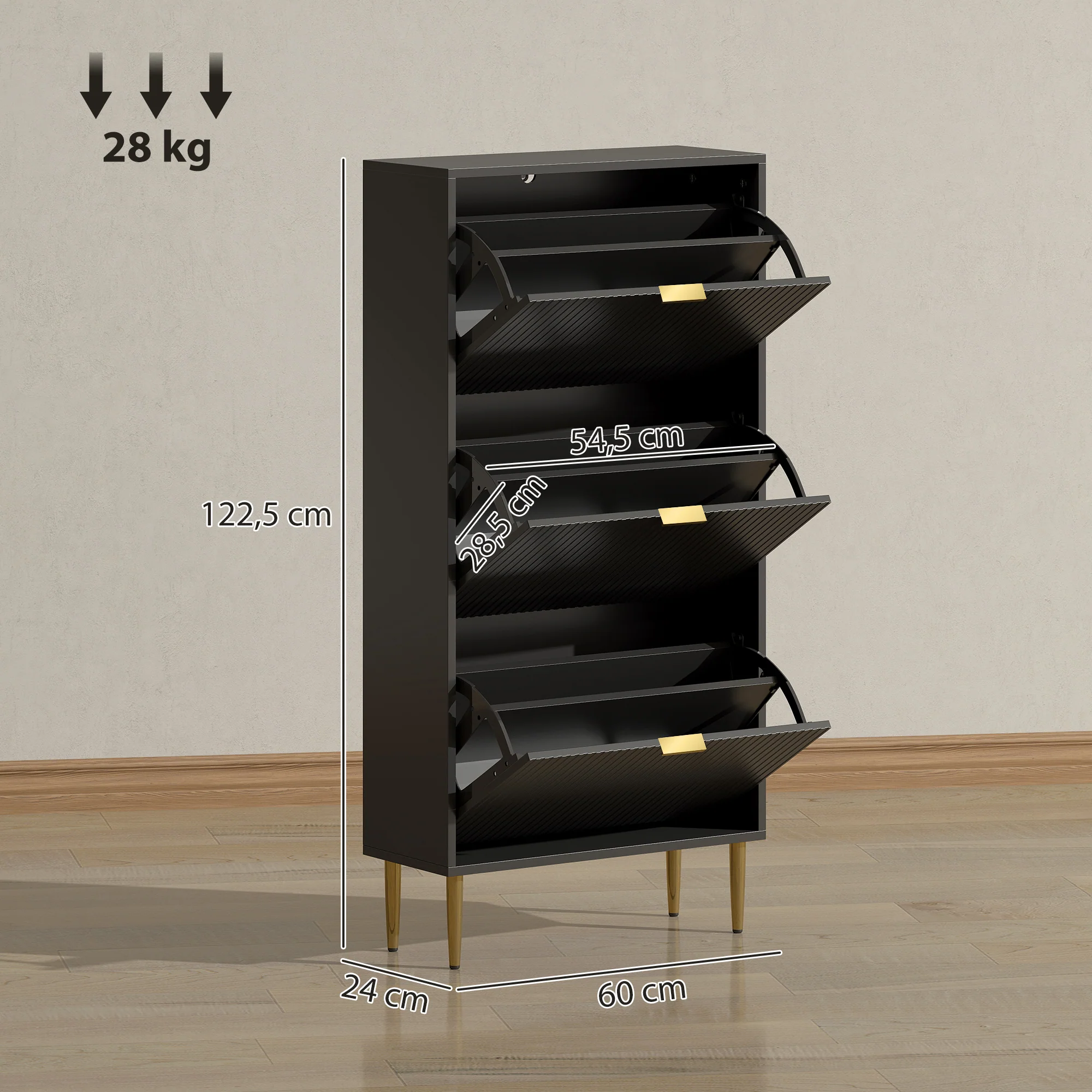 Meuble à chaussures 18 paires, armoire à chaussures étroite moderne avec 3 tiroirs rabattables, portes cannelées et étagères réglables, pour couloir et entrée, 60 x 24 x 122,5 cm, noir - Image 4