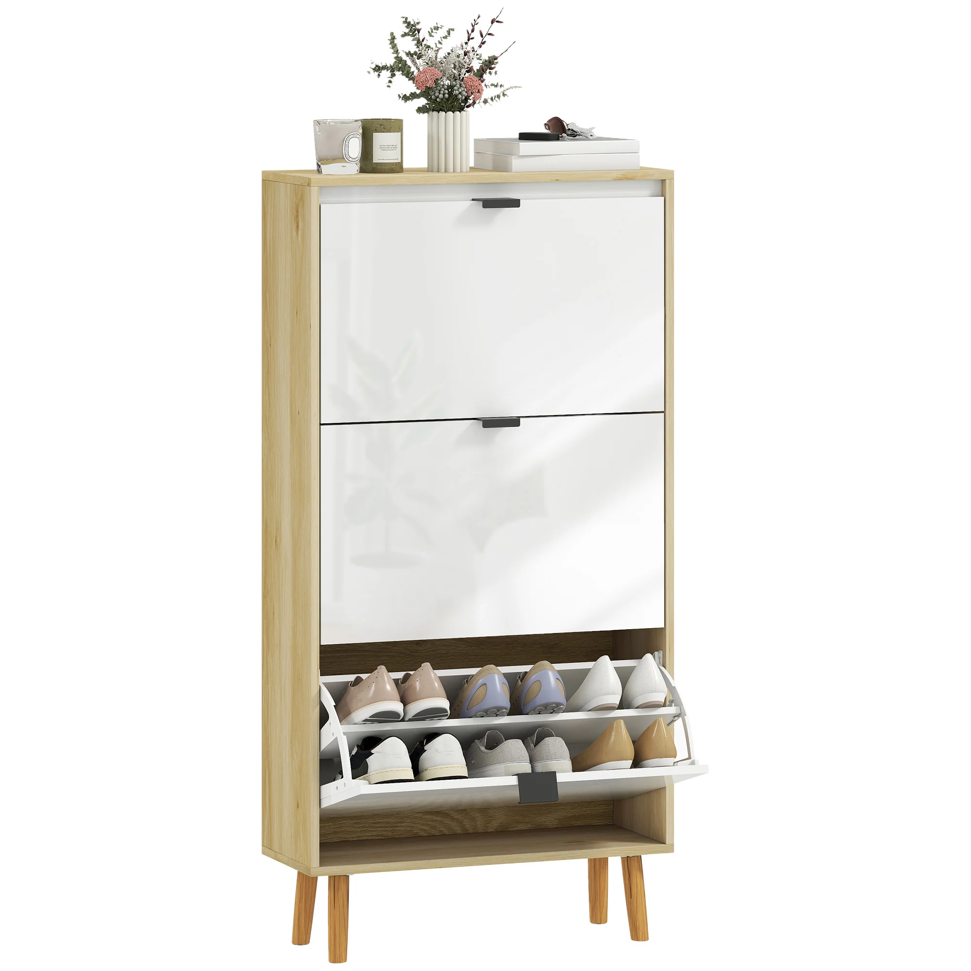 Meuble à chaussures 18 paires, porte haute brillante, armoire à chaussures étroite avec 3 tiroirs rabattables et étagères réglables, style moderne, pour couloir, entrée, 60x24x127cm, blanc - Image 11