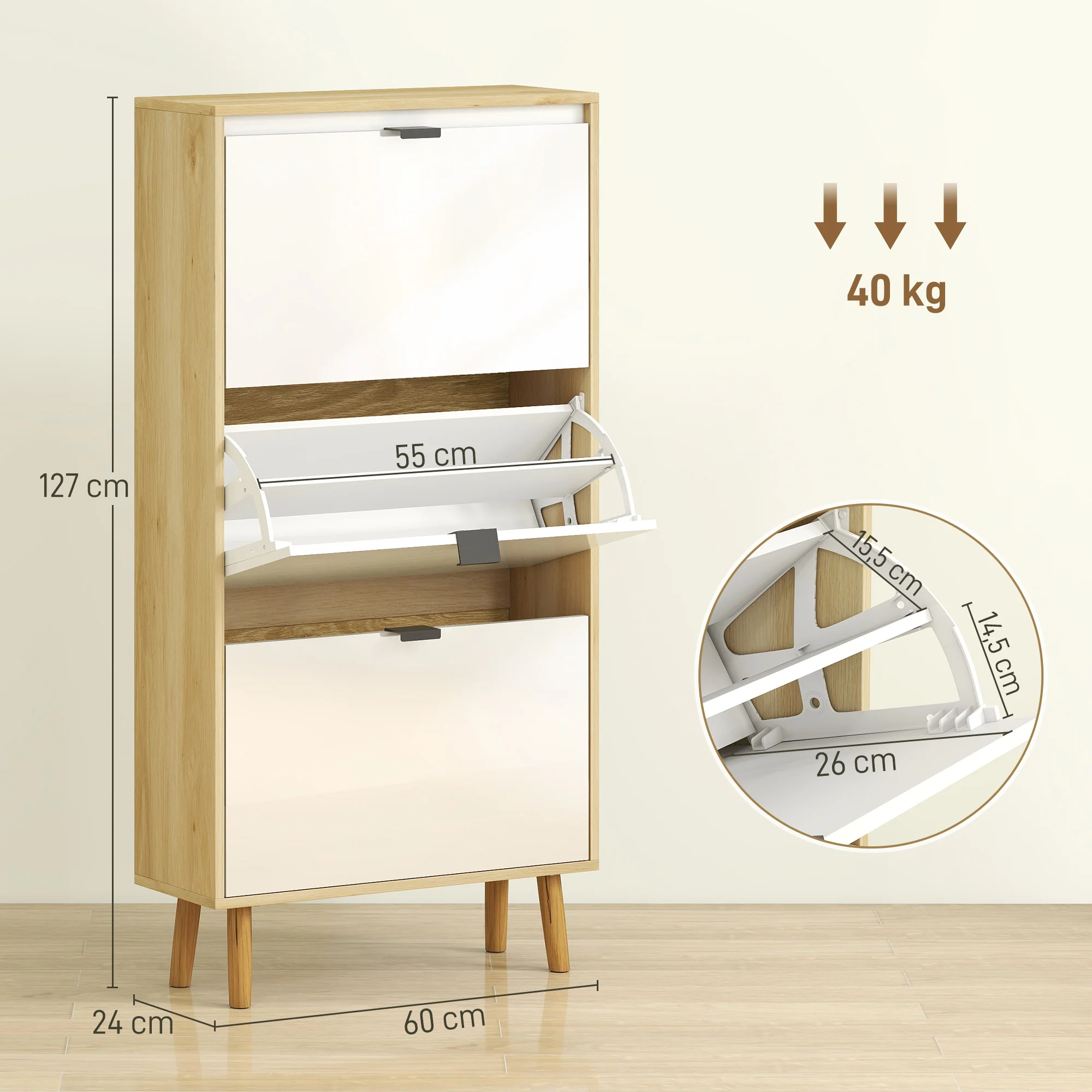 Meuble à chaussures 18 paires, porte haute brillante, armoire à chaussures étroite avec 3 tiroirs rabattables et étagères réglables, style moderne, pour couloir, entrée, 60x24x127cm, blanc - Image 4