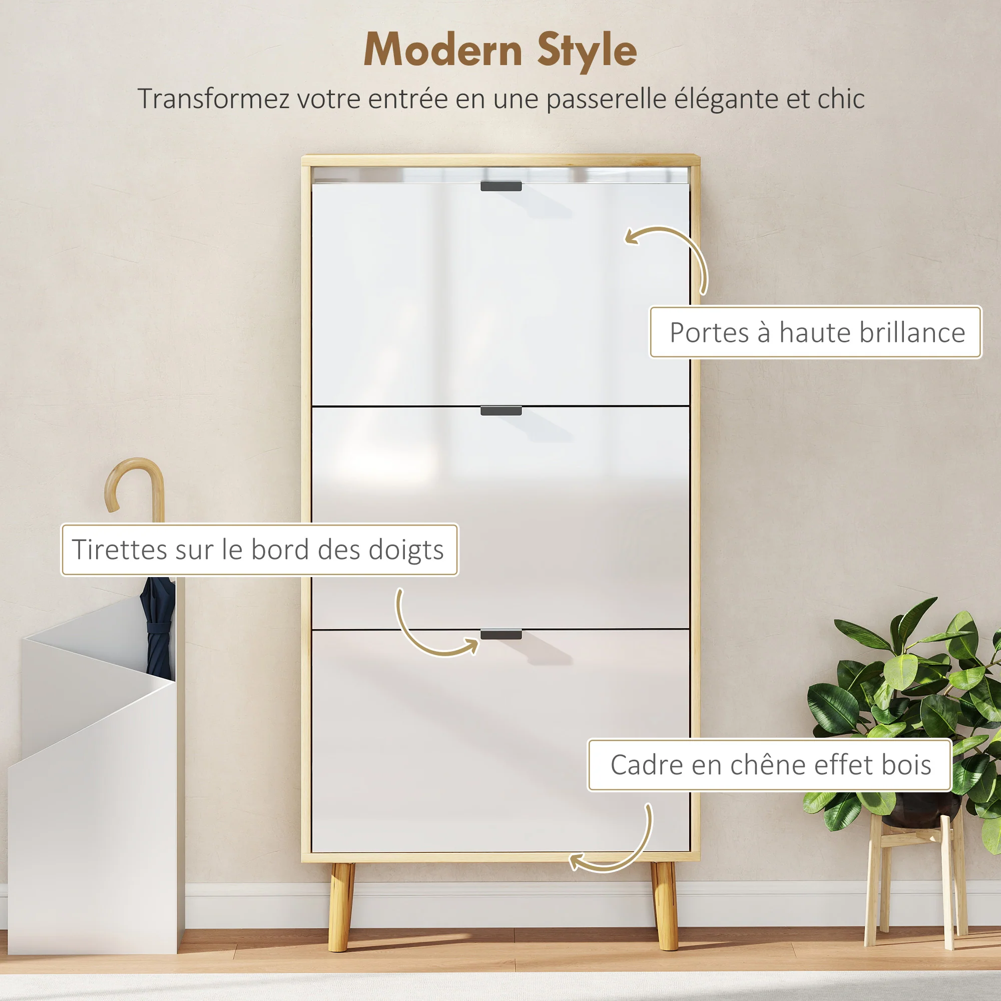 Meuble à chaussures 18 paires, porte haute brillante, armoire à chaussures étroite avec 3 tiroirs rabattables et étagères réglables, style moderne, pour couloir, entrée, 60x24x127cm, blanc - Image 5