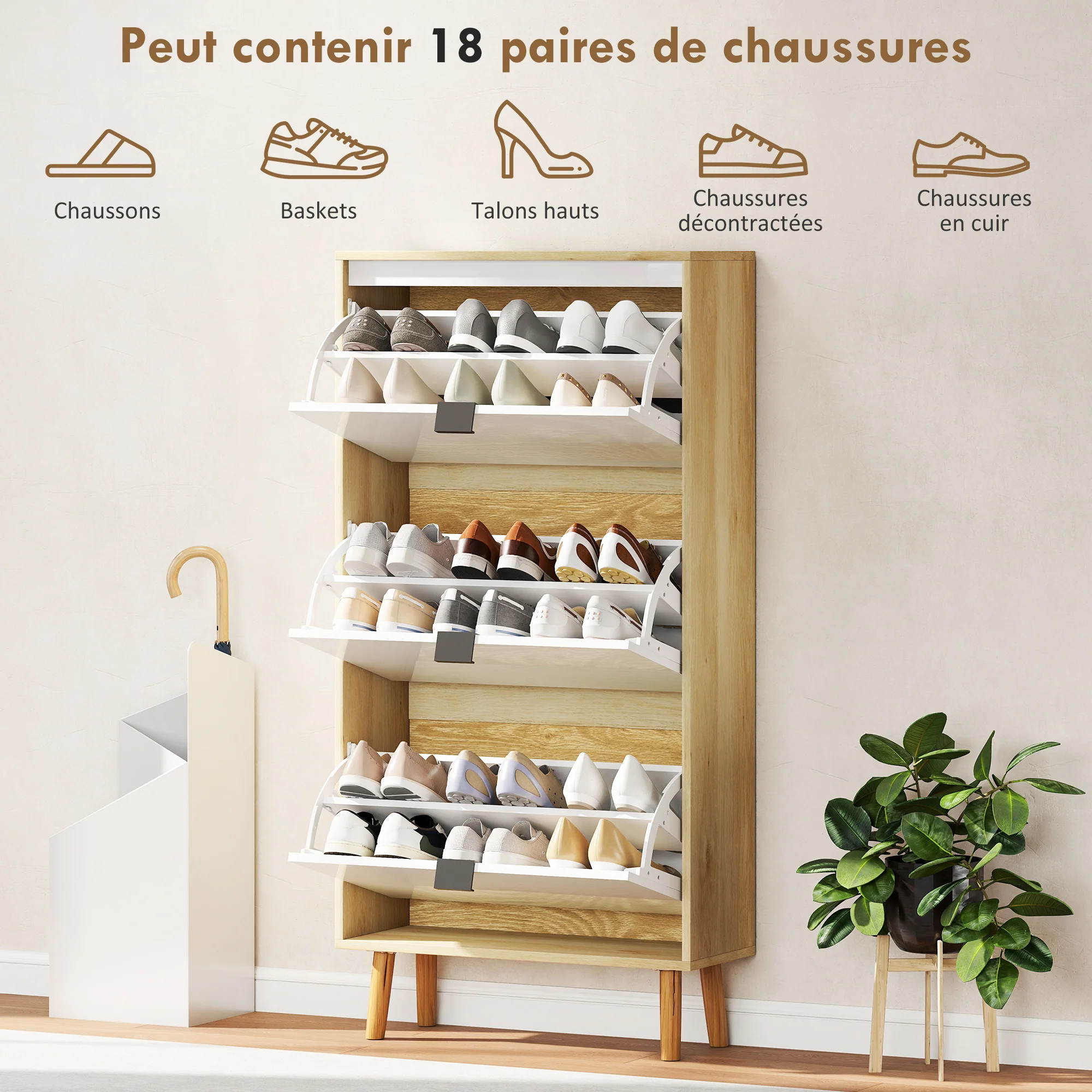 Meuble à chaussures 18 paires, porte haute brillante, armoire à chaussures étroite avec 3 tiroirs rabattables et étagères réglables, style moderne, pour couloir, entrée, 60x24x127cm, blanc - Image 6
