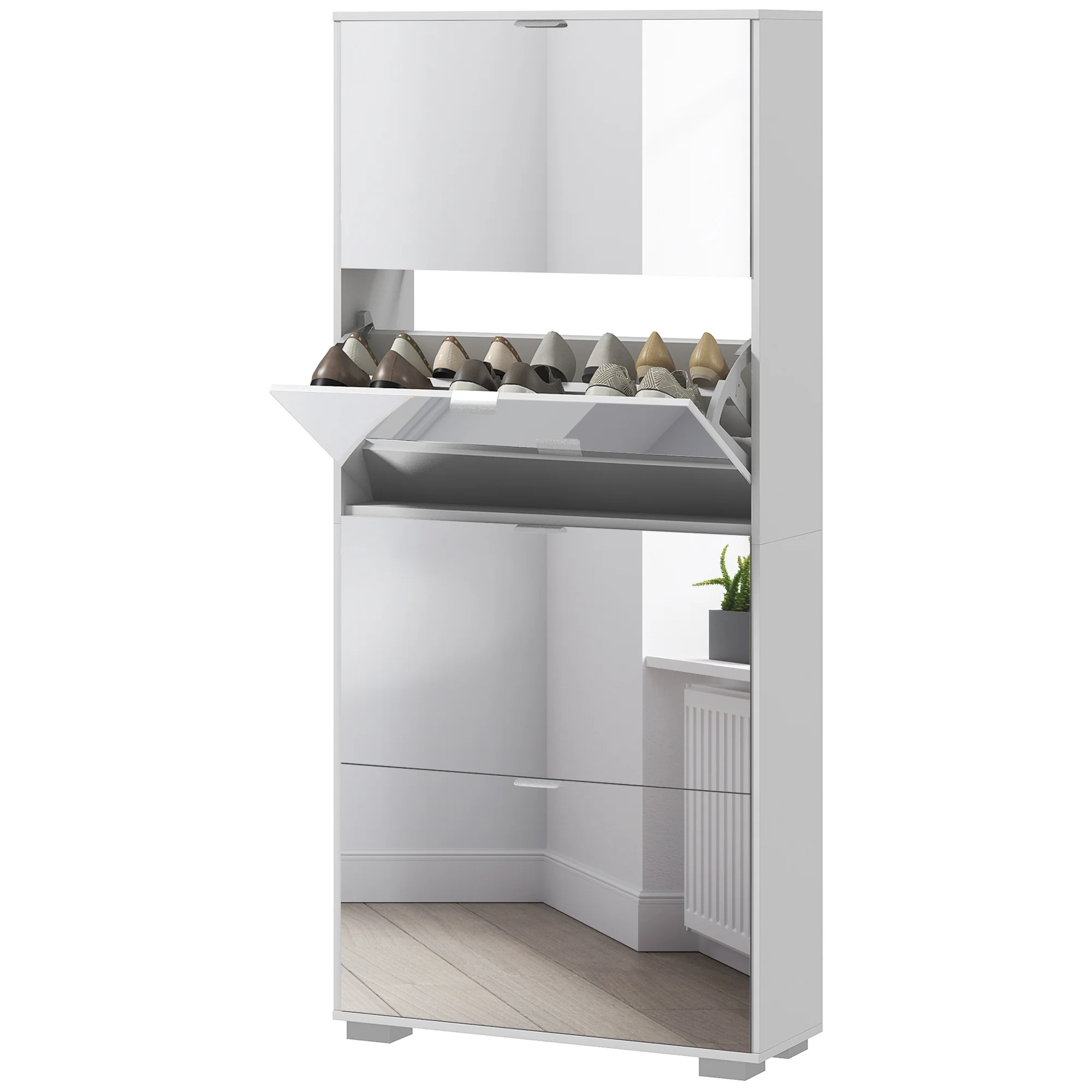 Meuble à chaussures 2 en 1 armoire à chaussures étroite fa?ades miroir, 4 portes abattants, étagères réglables, gain de place, 76l x 26P x 168H cm blanc