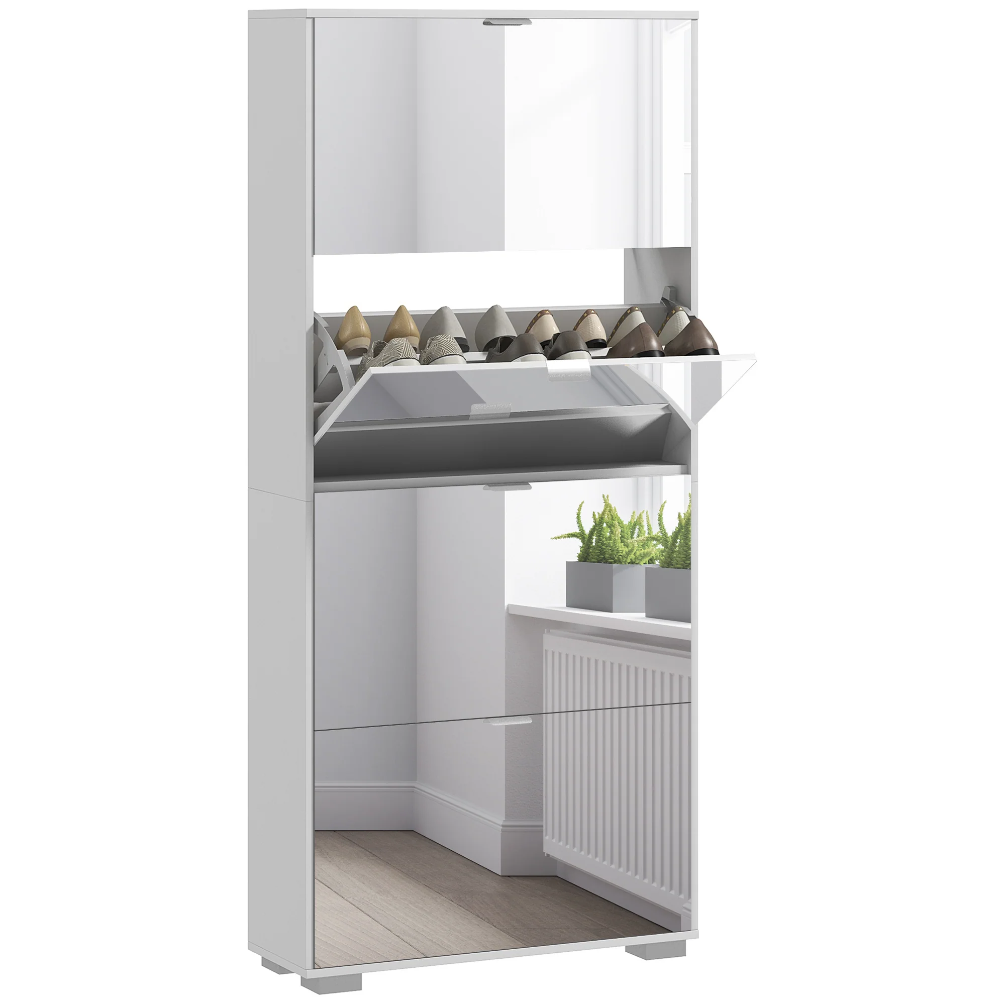 Meuble à chaussures 2 en 1 armoire à chaussures étroite fa?ades miroir, 4 portes abattants, étagères réglables, gain de place, 76l x 26P x 168H cm blanc - Image 11