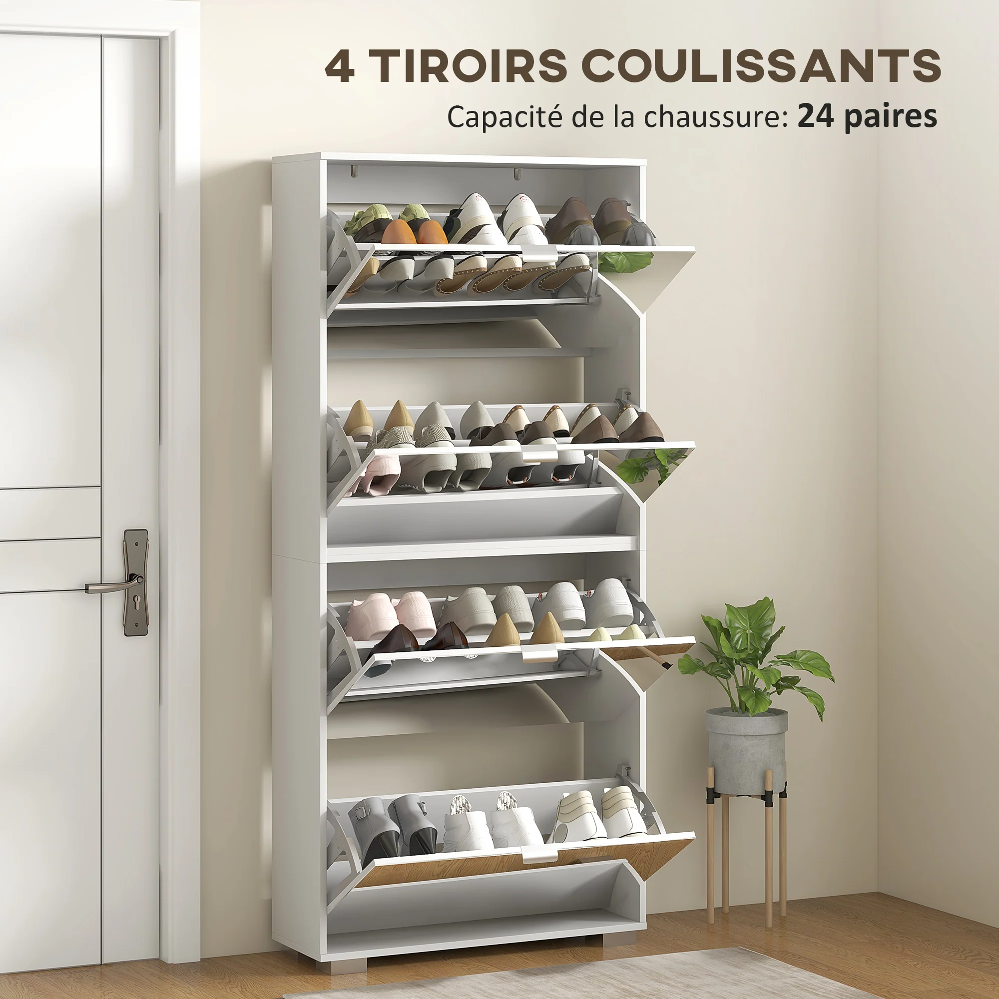 Meuble à chaussures 2 en 1 armoire à chaussures étroite fa?ades miroir, 4 portes abattants, étagères réglables, gain de place, 76l x 26P x 168H cm blanc - Image 6