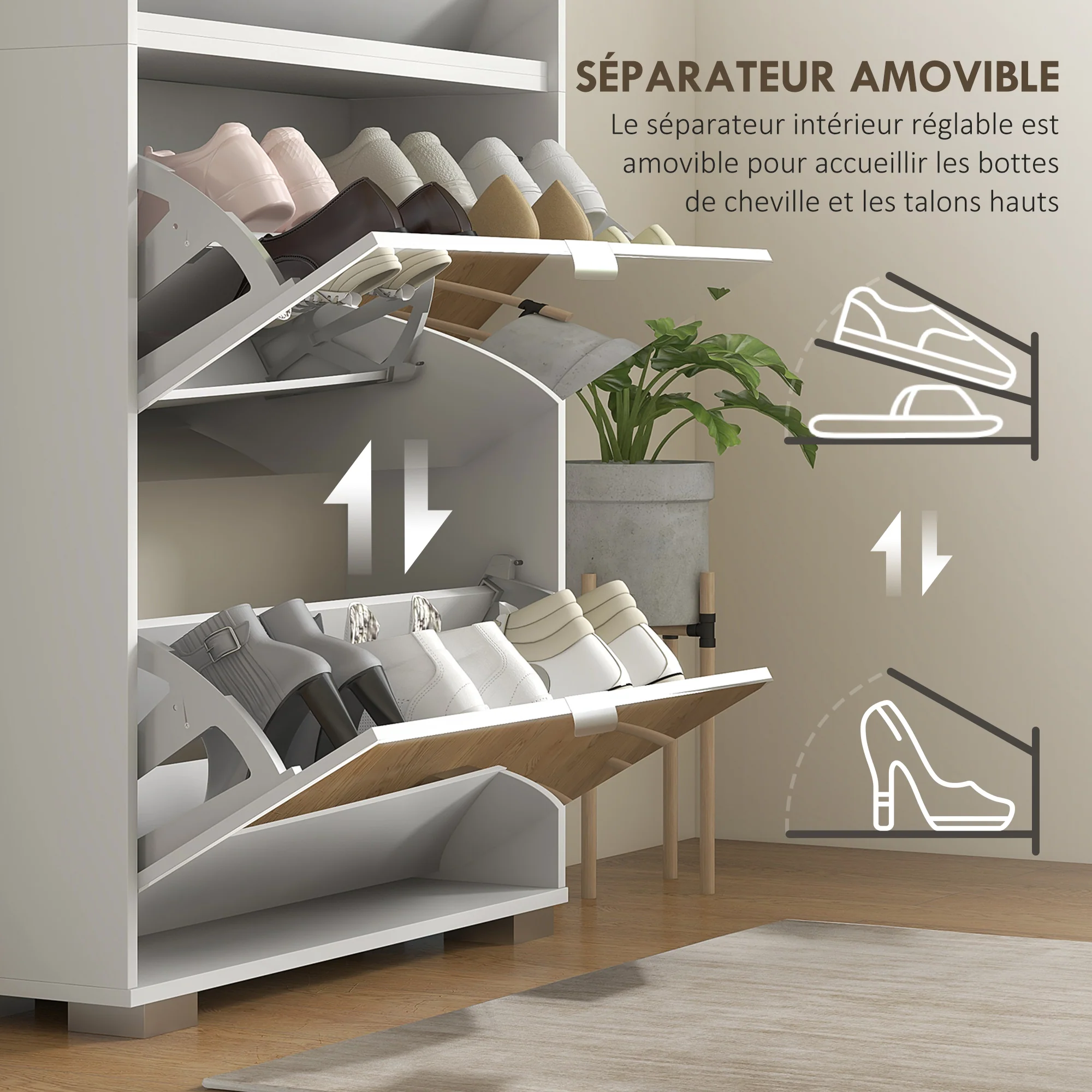 Meuble à chaussures 2 en 1 armoire à chaussures étroite fa?ades miroir, 4 portes abattants, étagères réglables, gain de place, 76l x 26P x 168H cm blanc - Image 8