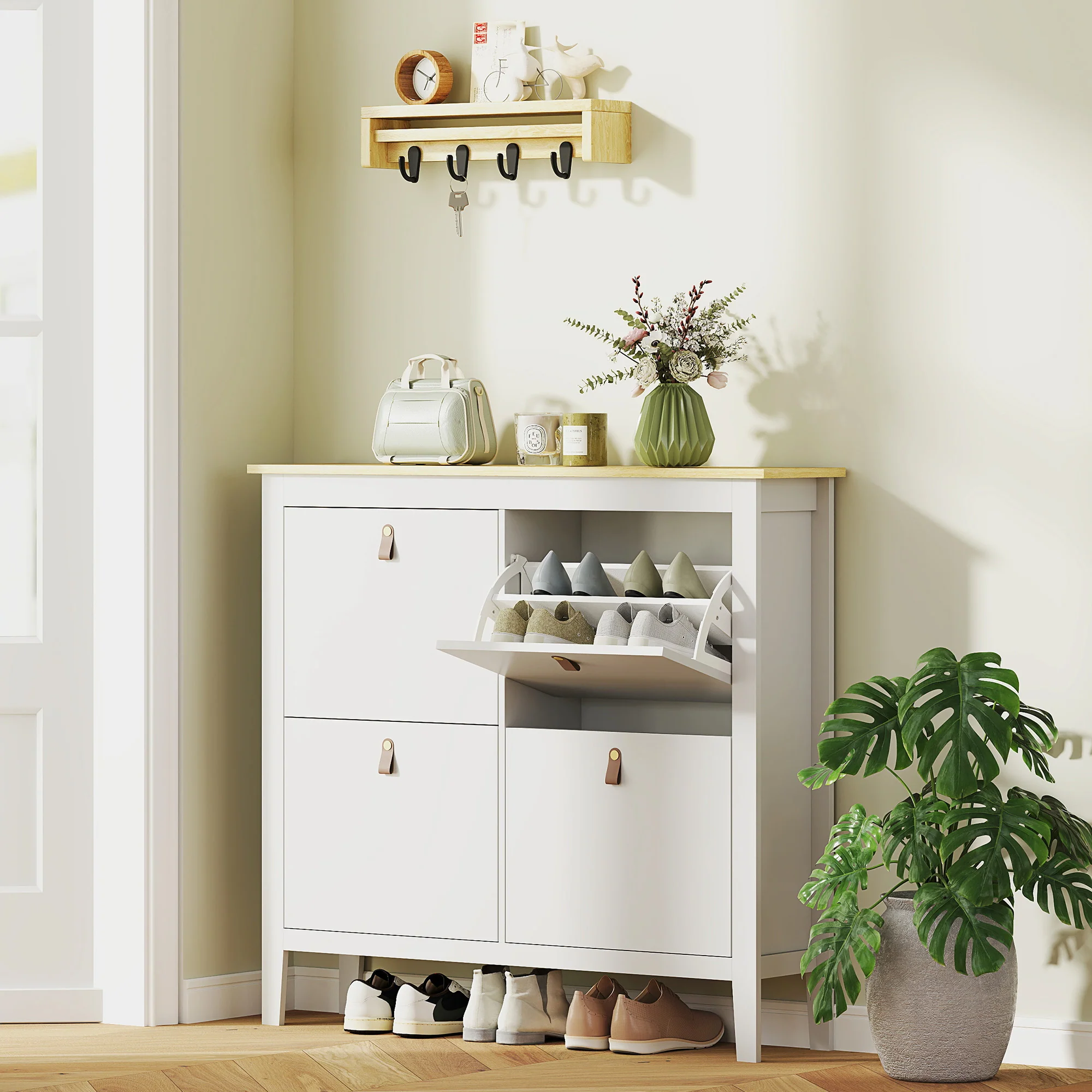 Meuble à chaussures 20 paires, armoire à chaussures, meuble d'entrée avec 4 tiroirs, portes rabattables, étagères amovibles et réglables, pour couloir et entrée, 105 x 24 x 95,5 cm, blanc - Image 3