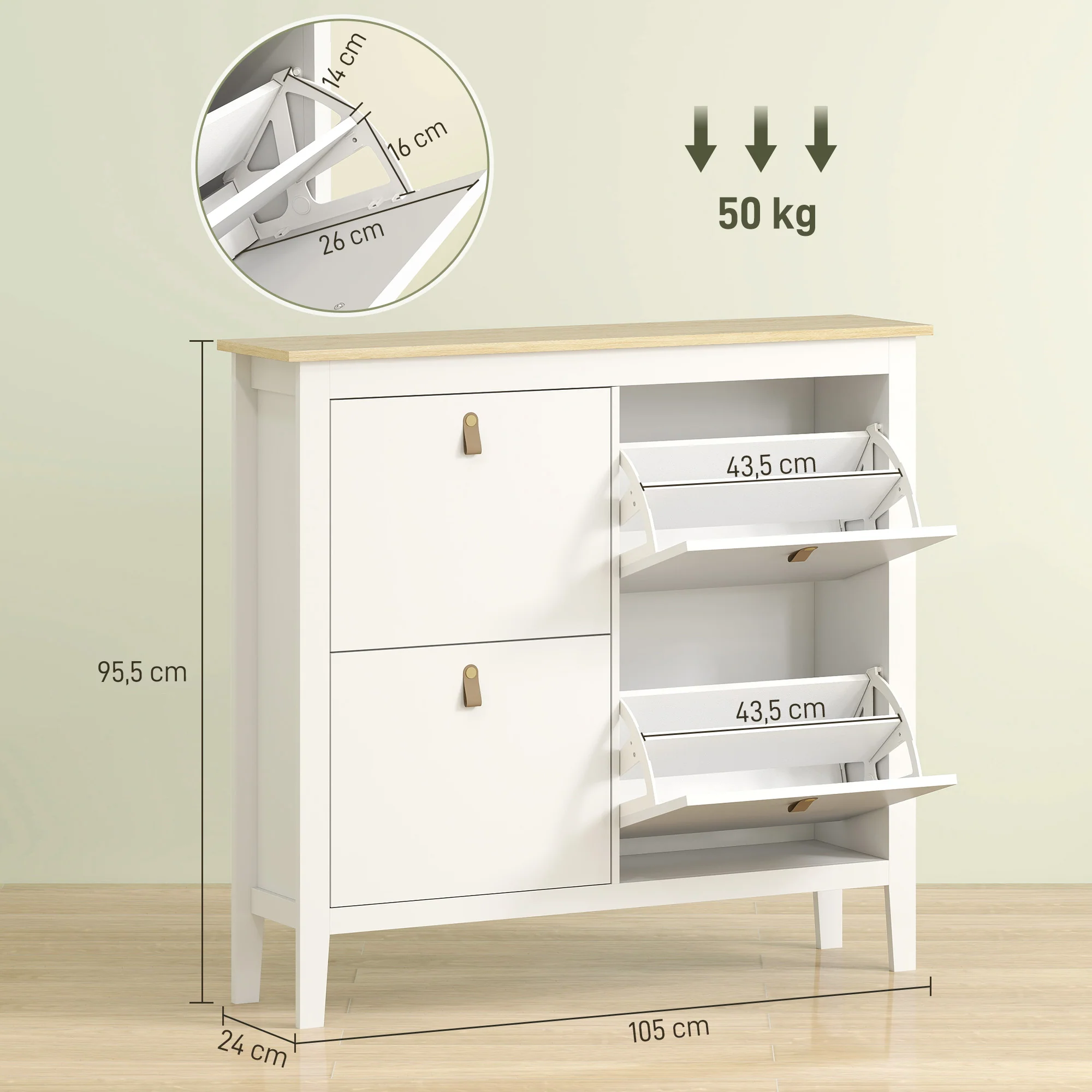 Meuble à chaussures 20 paires, armoire à chaussures, meuble d'entrée avec 4 tiroirs, portes rabattables, étagères amovibles et réglables, pour couloir et entrée, 105 x 24 x 95,5 cm, blanc - Image 4